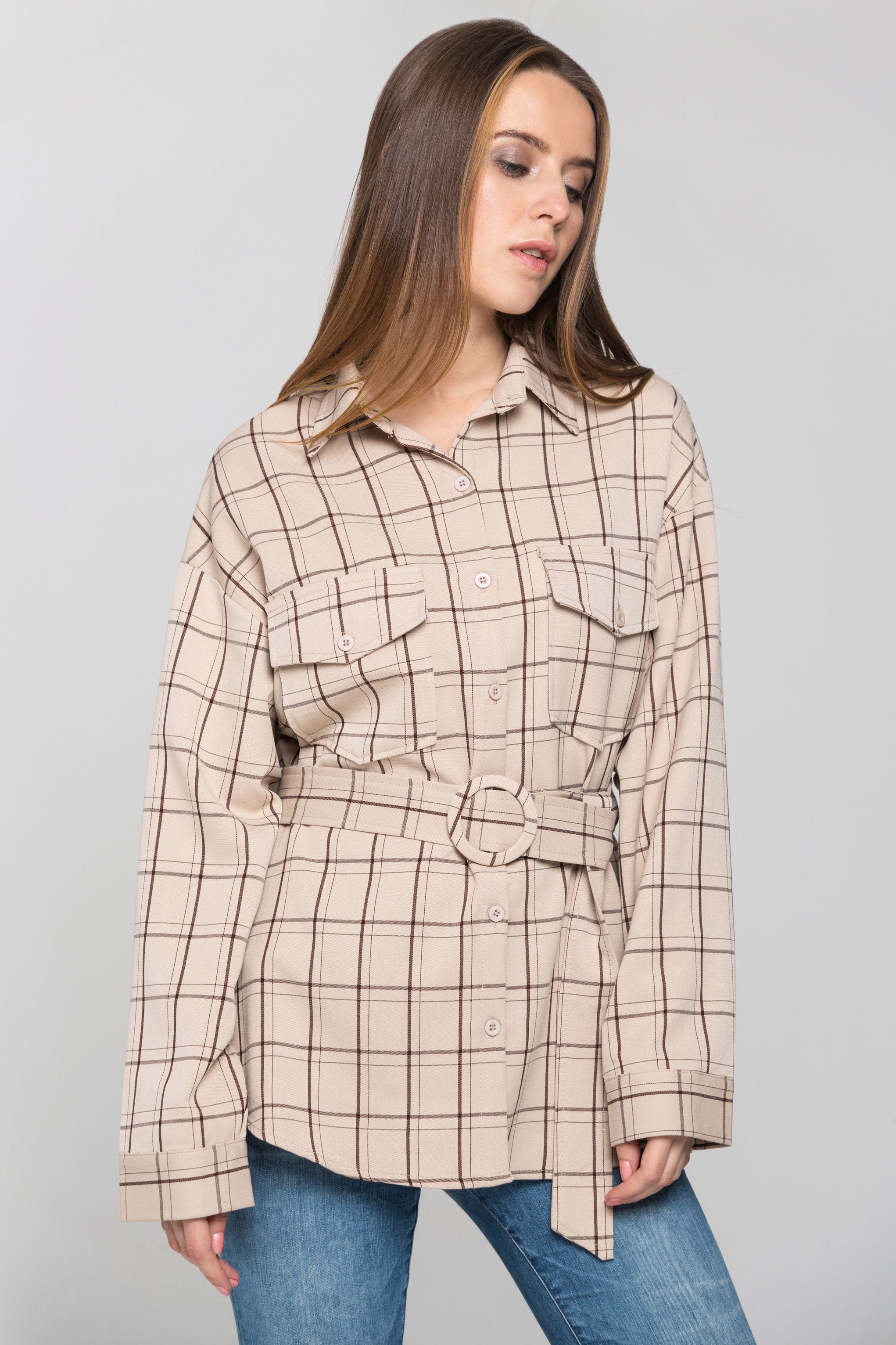 Cream Check Belted Shirt Top