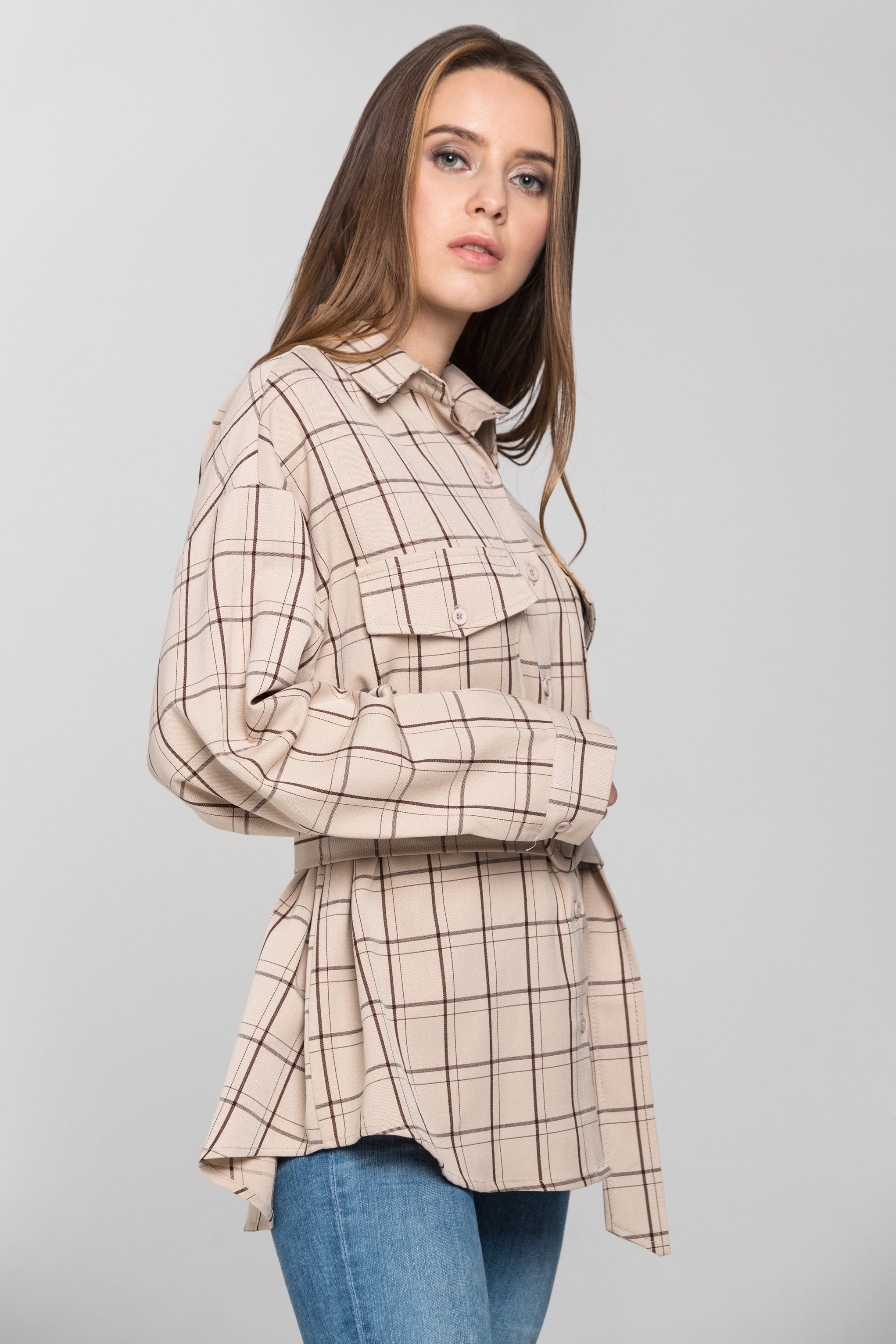 Cream Check Belted Shirt Top