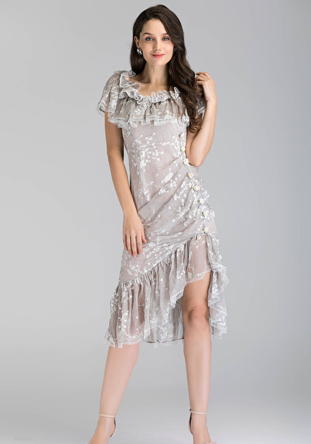 Cream Lace Ruffled off the shoulder Trumpet Midi Dress