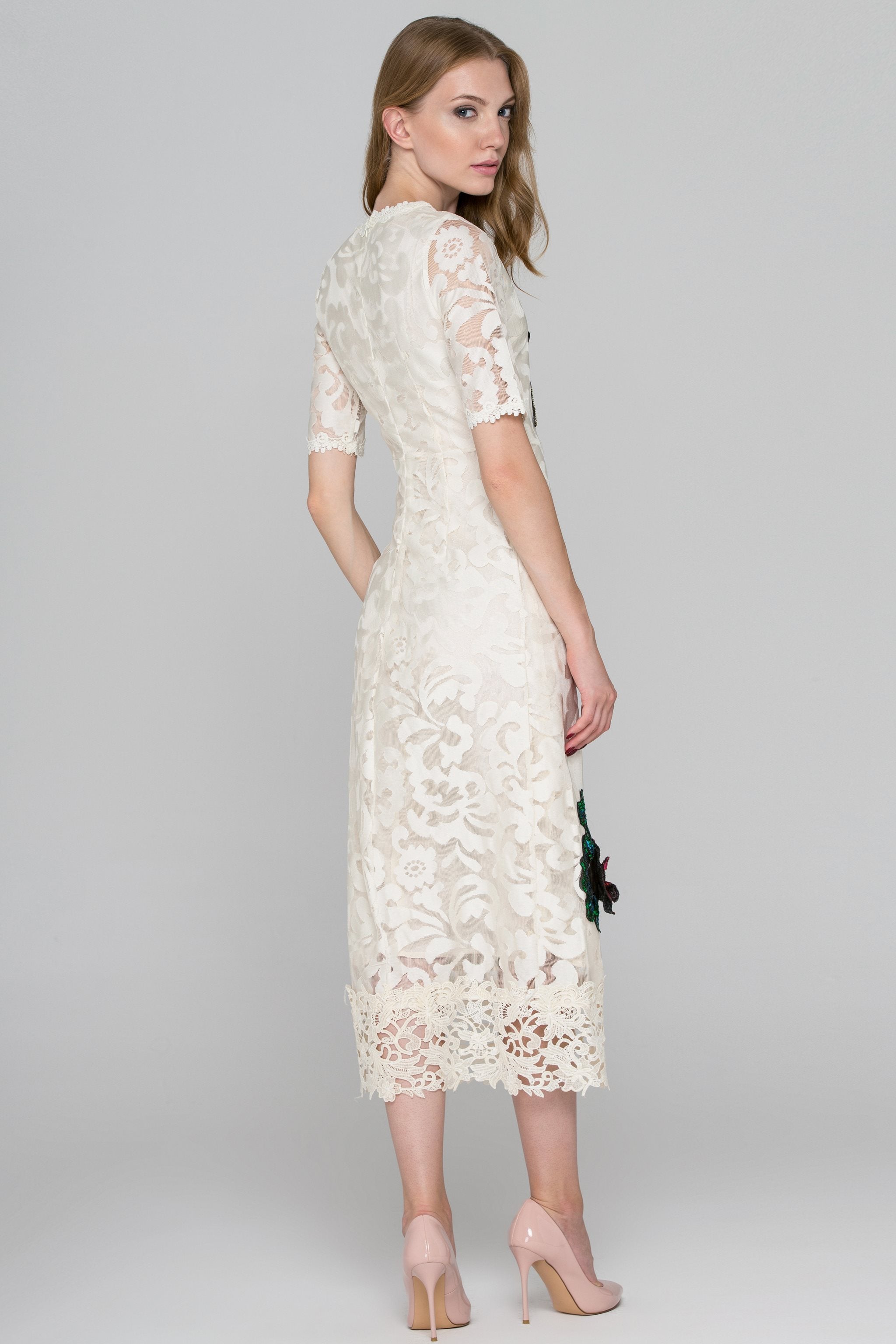 Cream Lace Sequined Flower Patch Maxi Dress