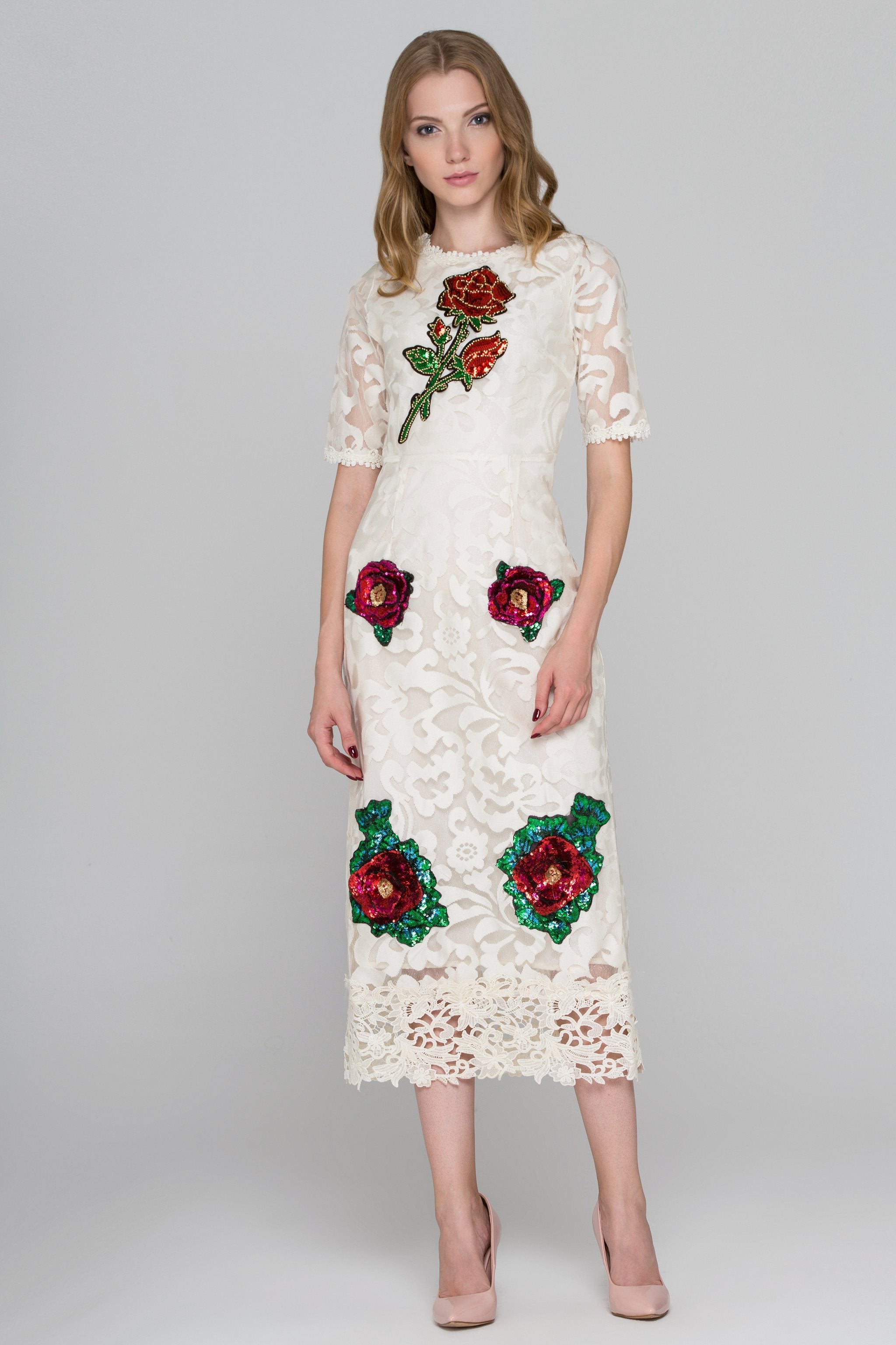 Cream Lace Sequined Flower Patch Maxi Dress