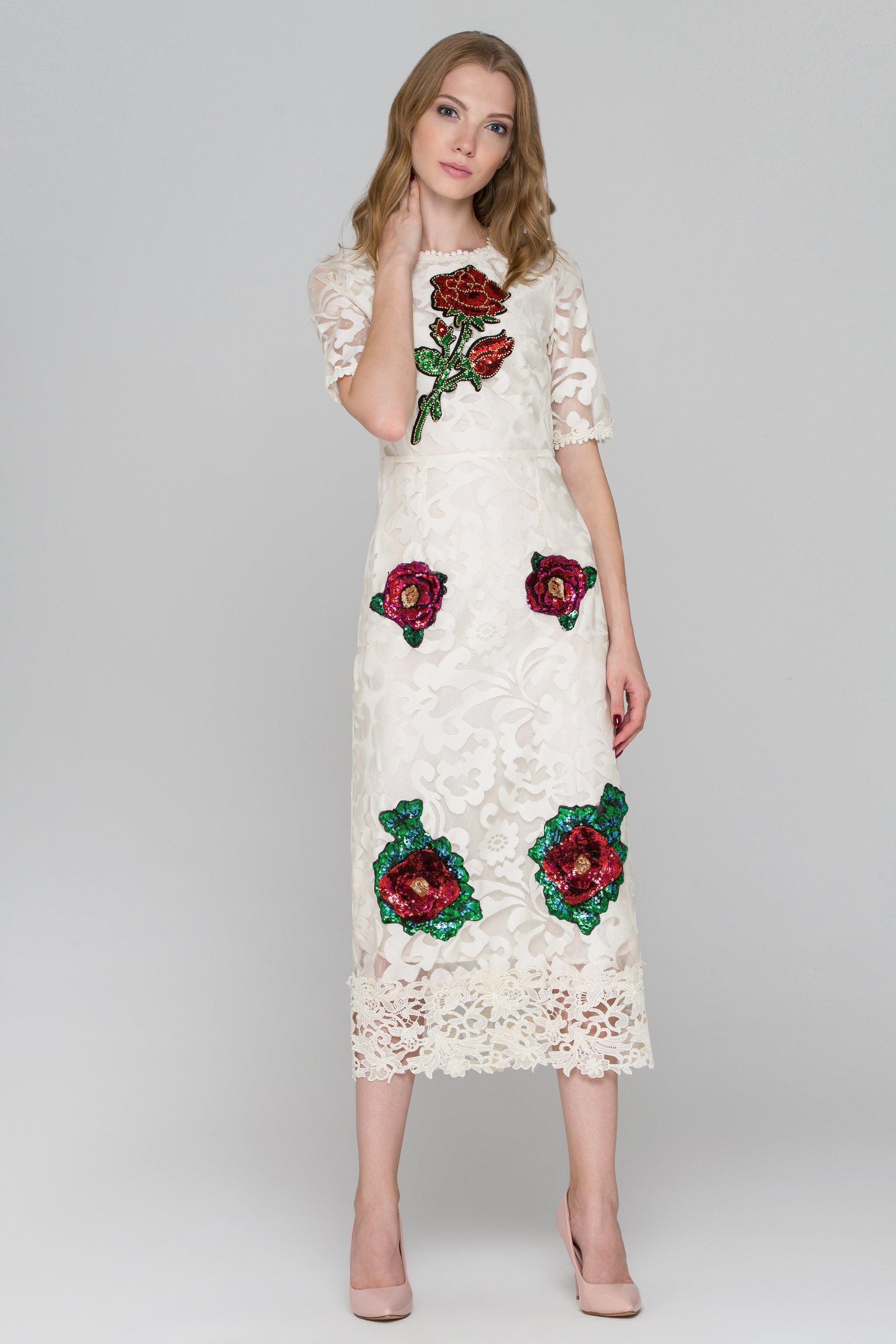 Cream Lace Sequined Flower Patch Maxi Dress