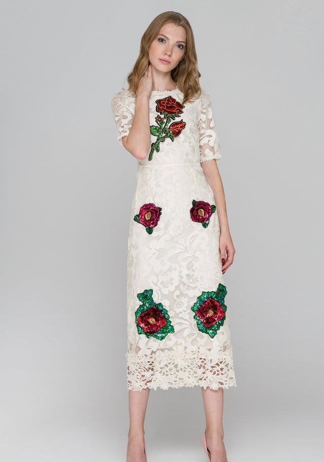 Cream Lace Sequined Flower Patch Maxi Dress