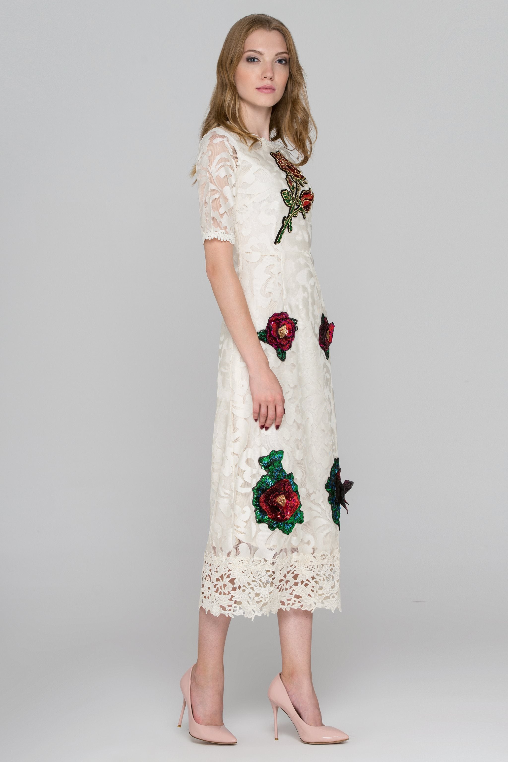 Cream Lace Sequined Flower Patch Maxi Dress