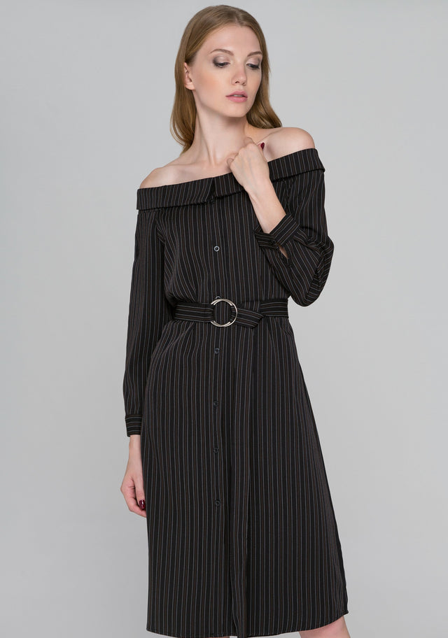 Dark Brown Pin Striped Off-the-Shoulder Midi Dress