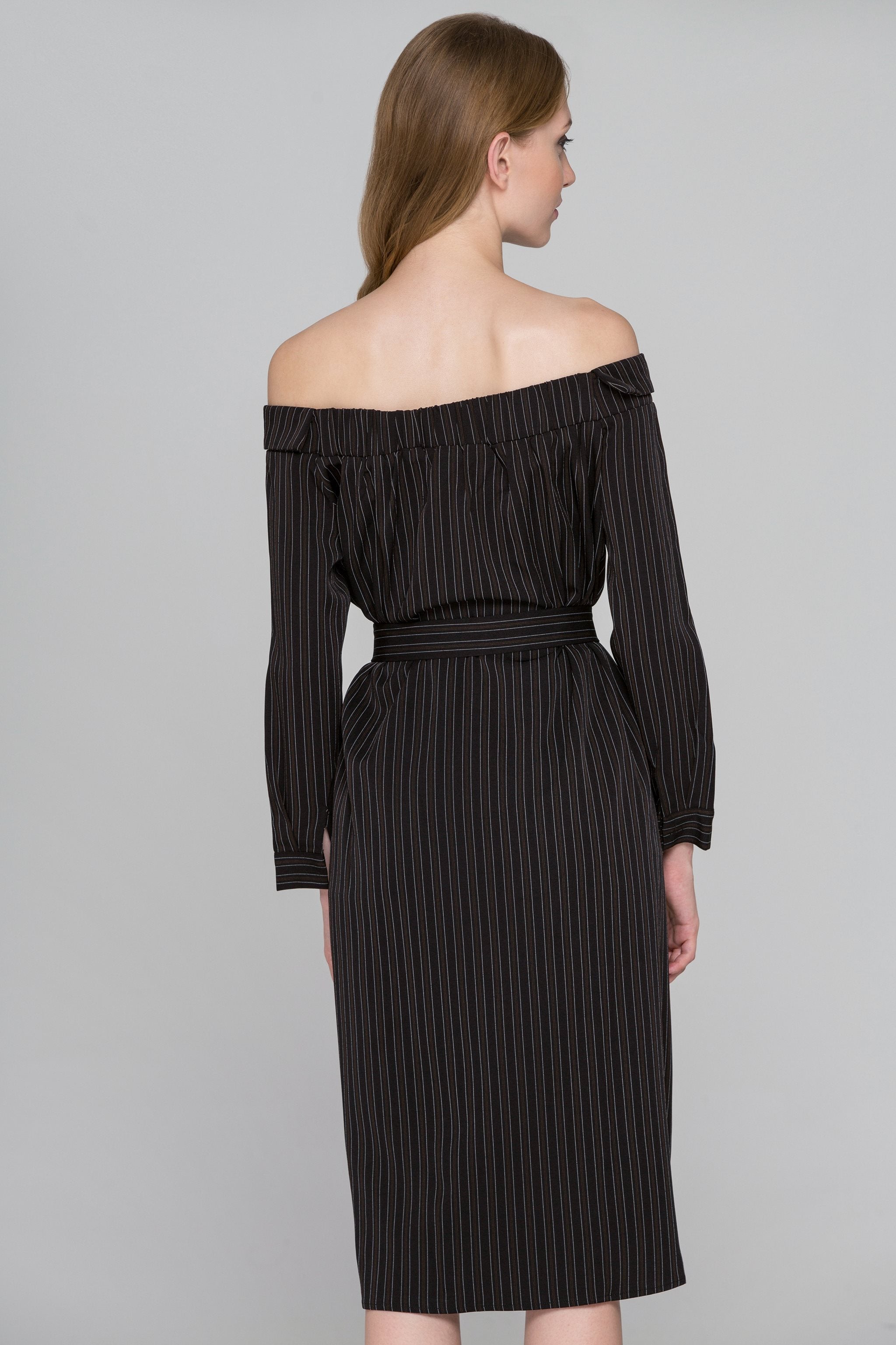 Dark Brown Pin Striped Off-the-Shoulder Midi Dress