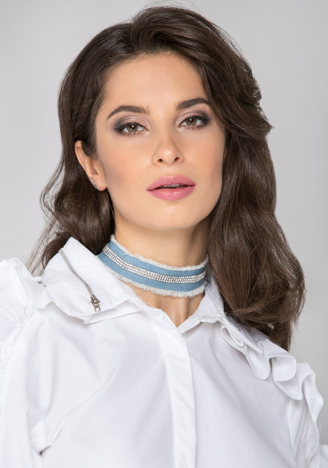 Denim Fringe Rhinestone Choker Necklace