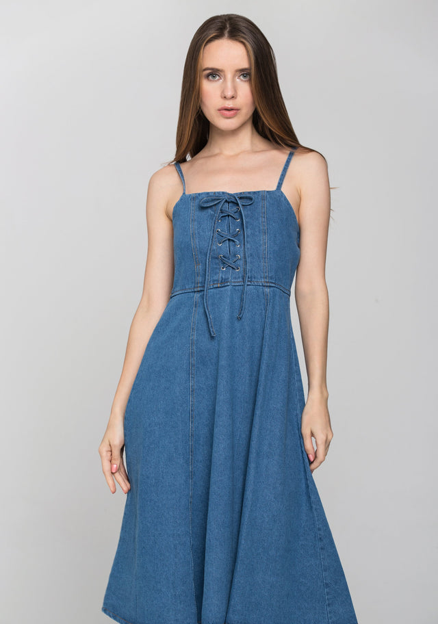 Denim Lace Up Midi Dress