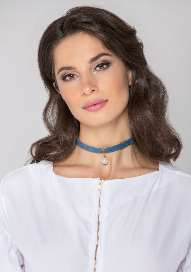 Denim Star Pearl Choker Necklace