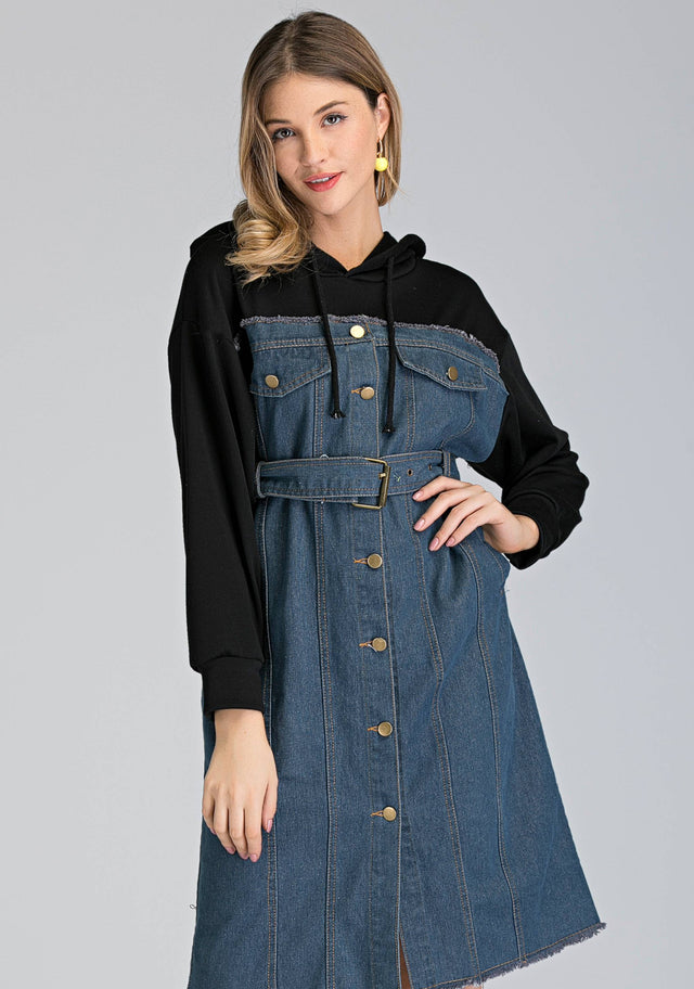 Denim and Hoodie Button Up Midi Dress