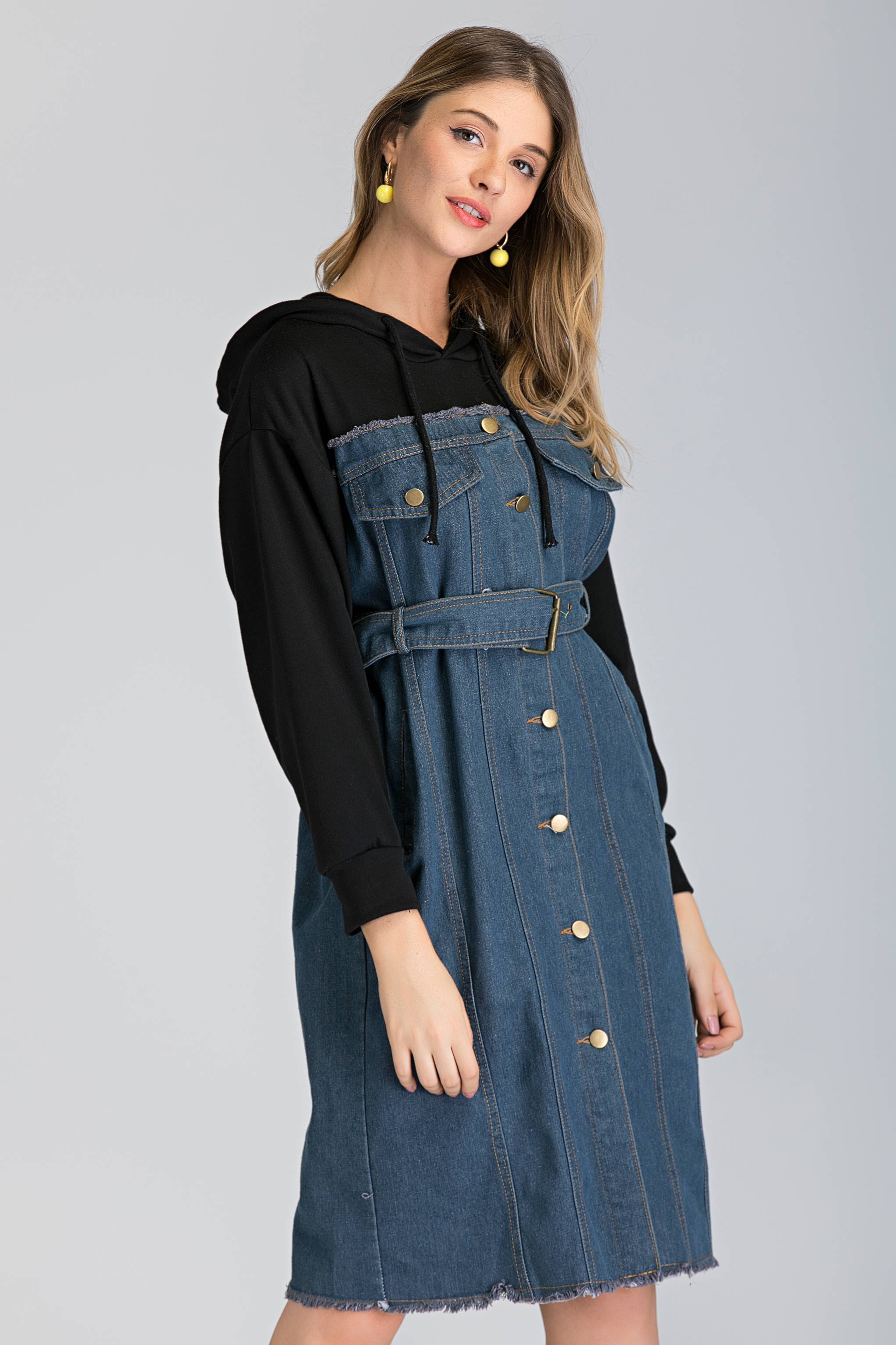 Denim and Hoodie Button Up Midi Dress