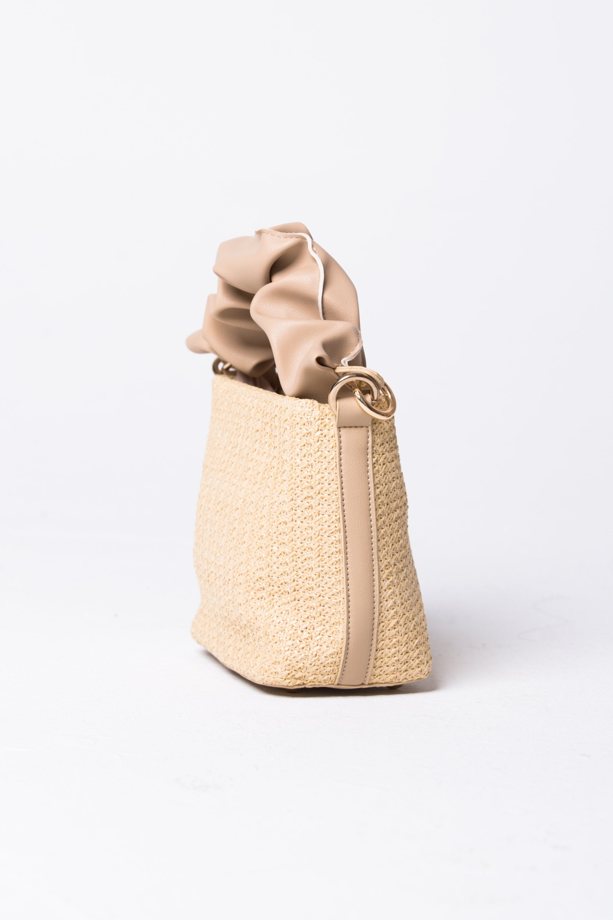 Faux Leather Ruffle Handle Straw Bucket Handbag