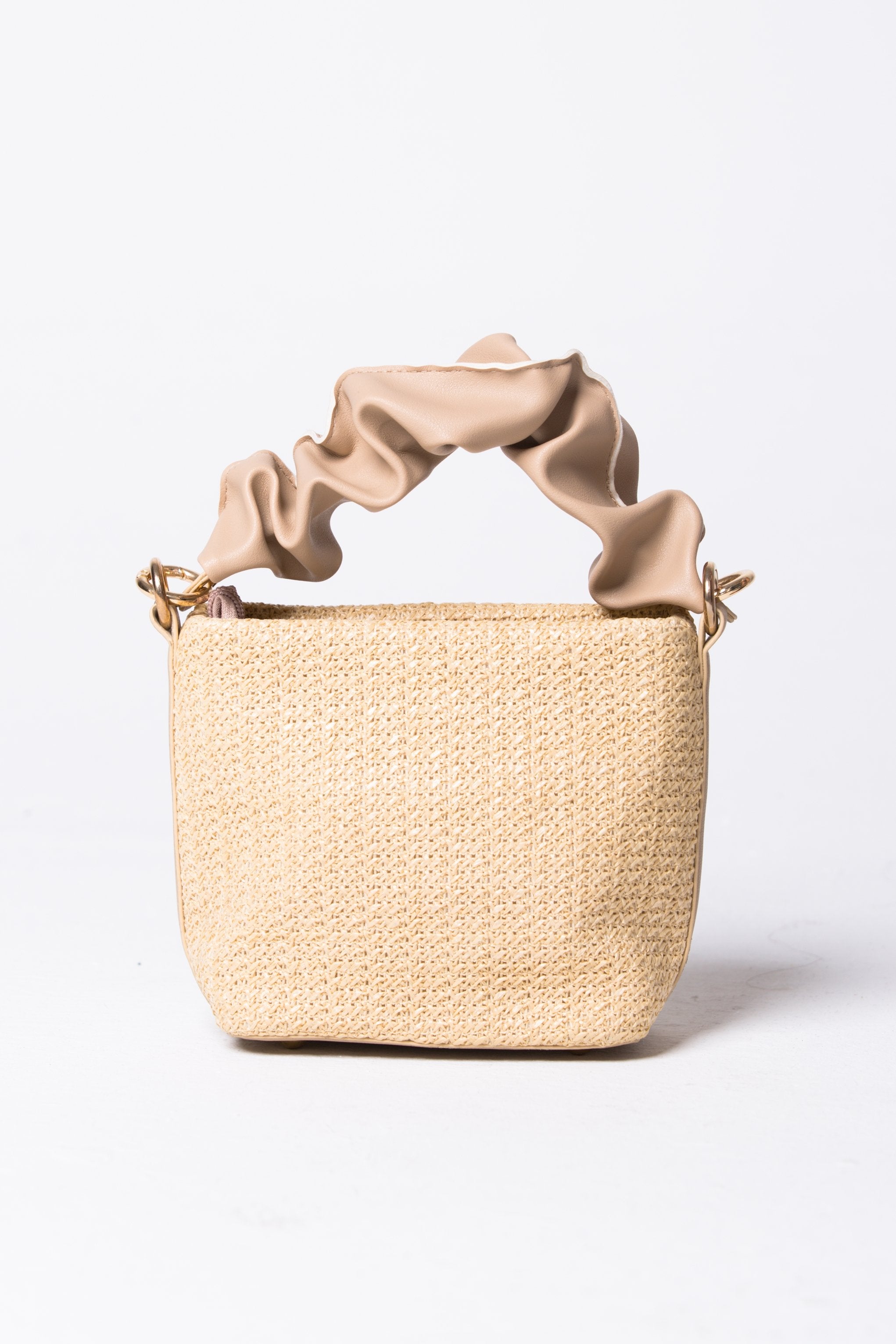 Faux Leather Ruffle Handle Straw Bucket Handbag
