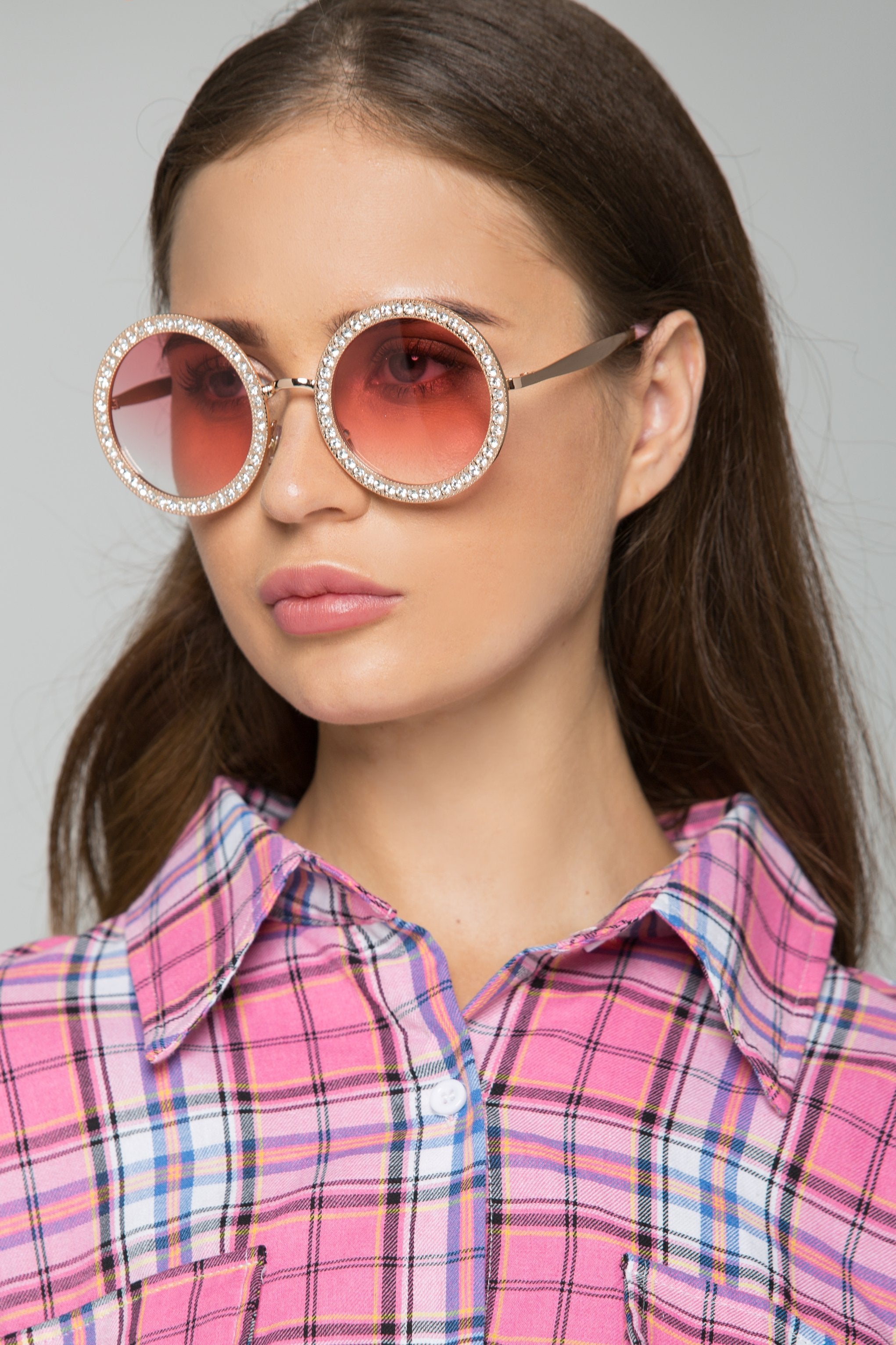 Faux Rhinestones Embellished Rim Round Sunglasses