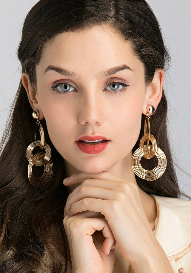 Gold Button Stud and Triple Spiral Drop Earrings