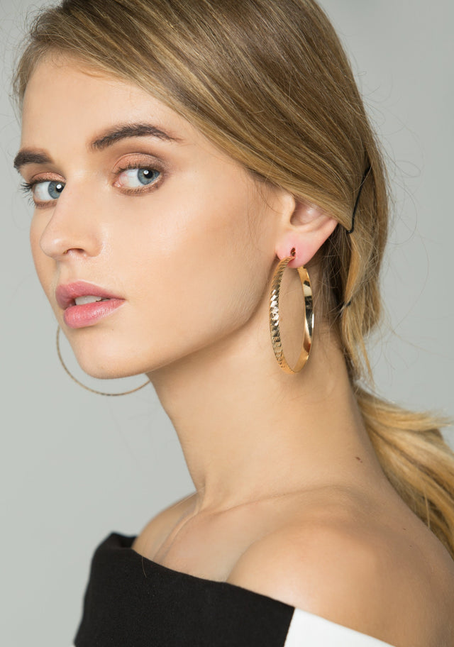 Gold Flat Ribbed Hoop Earrings