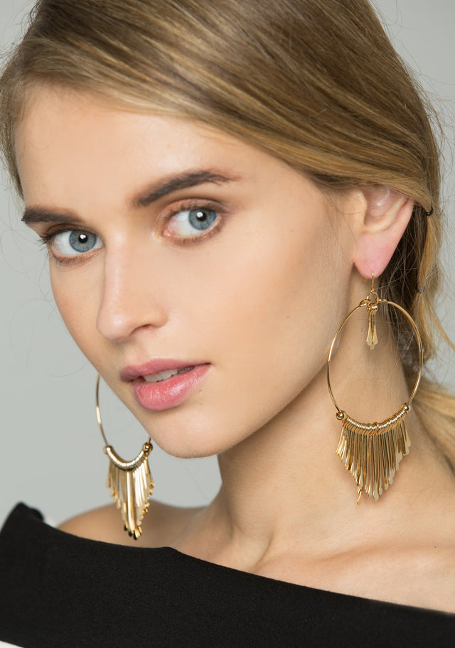 Gold Round Fringed Drop Earrings
