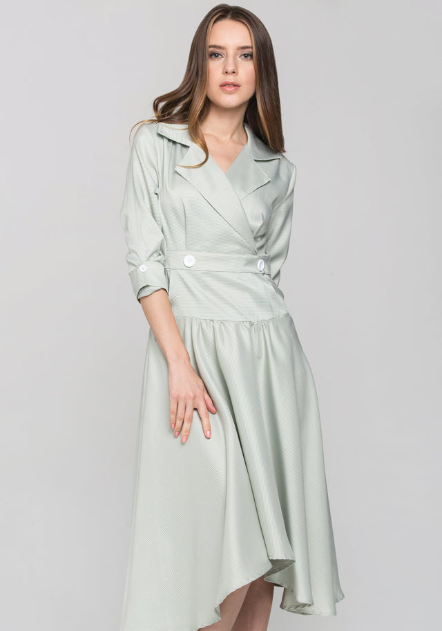 Green Check Collared Drop Waist Midi Dress