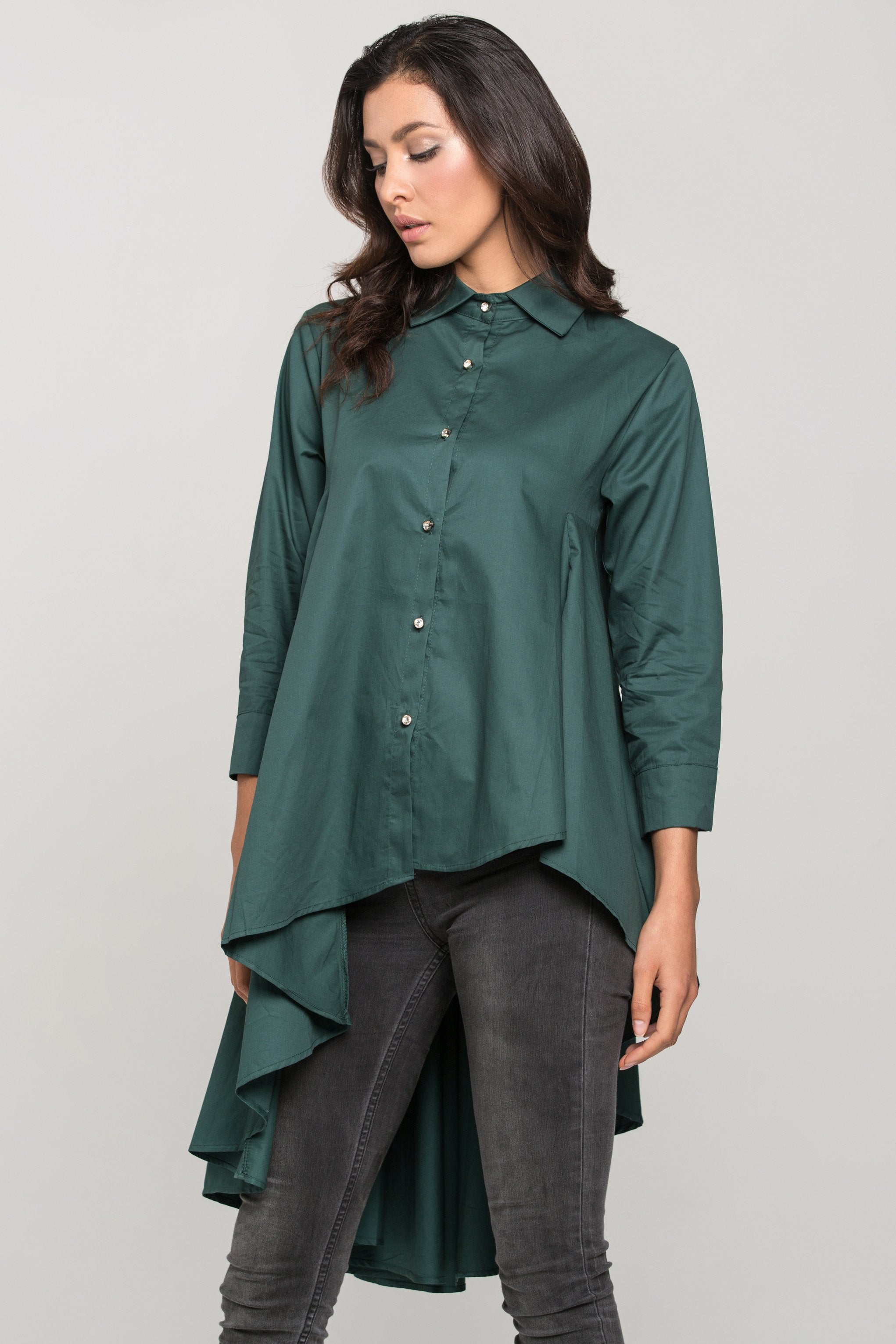 Green  High Low Tent Button Up Top
