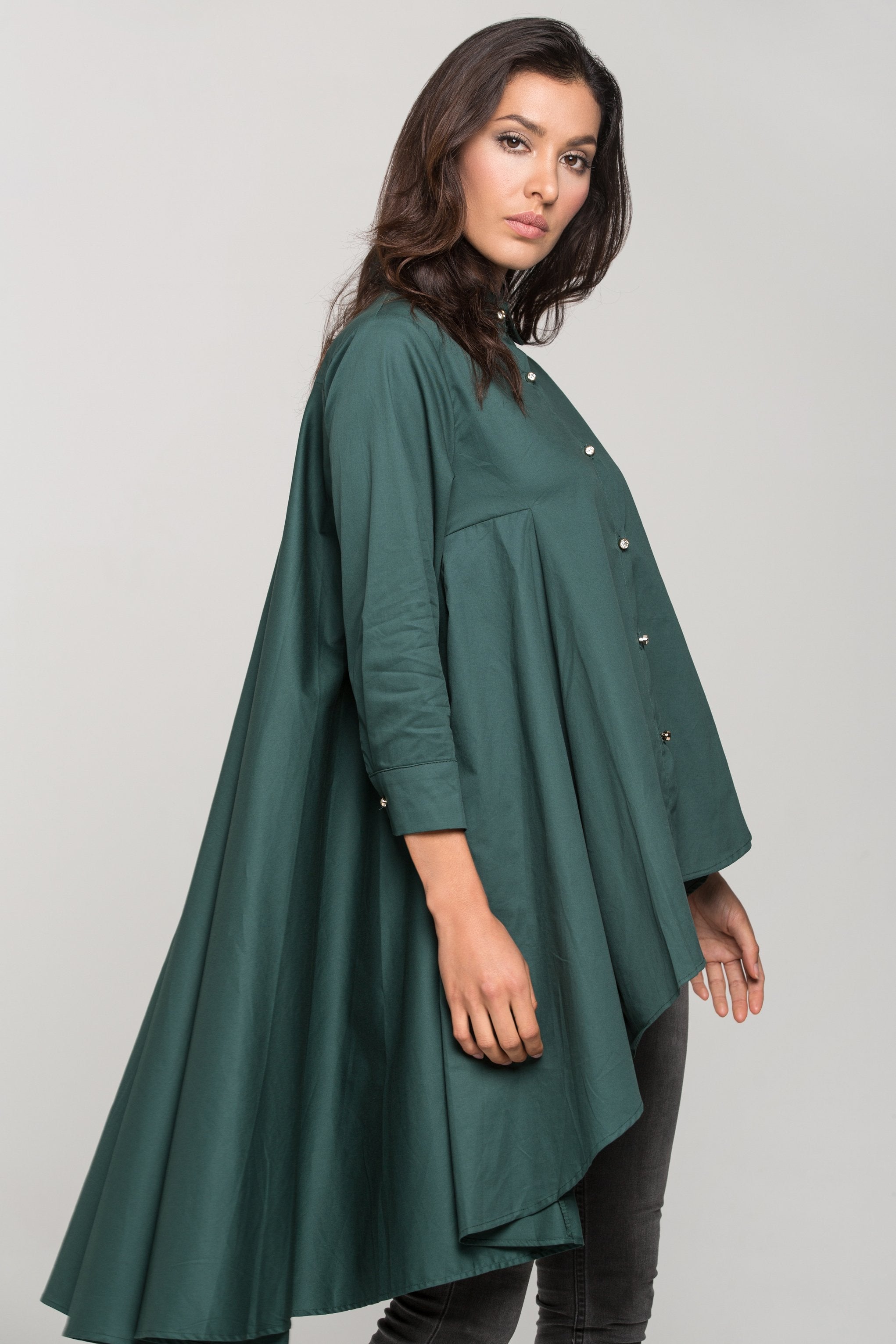 Green  High Low Tent Button Up Top