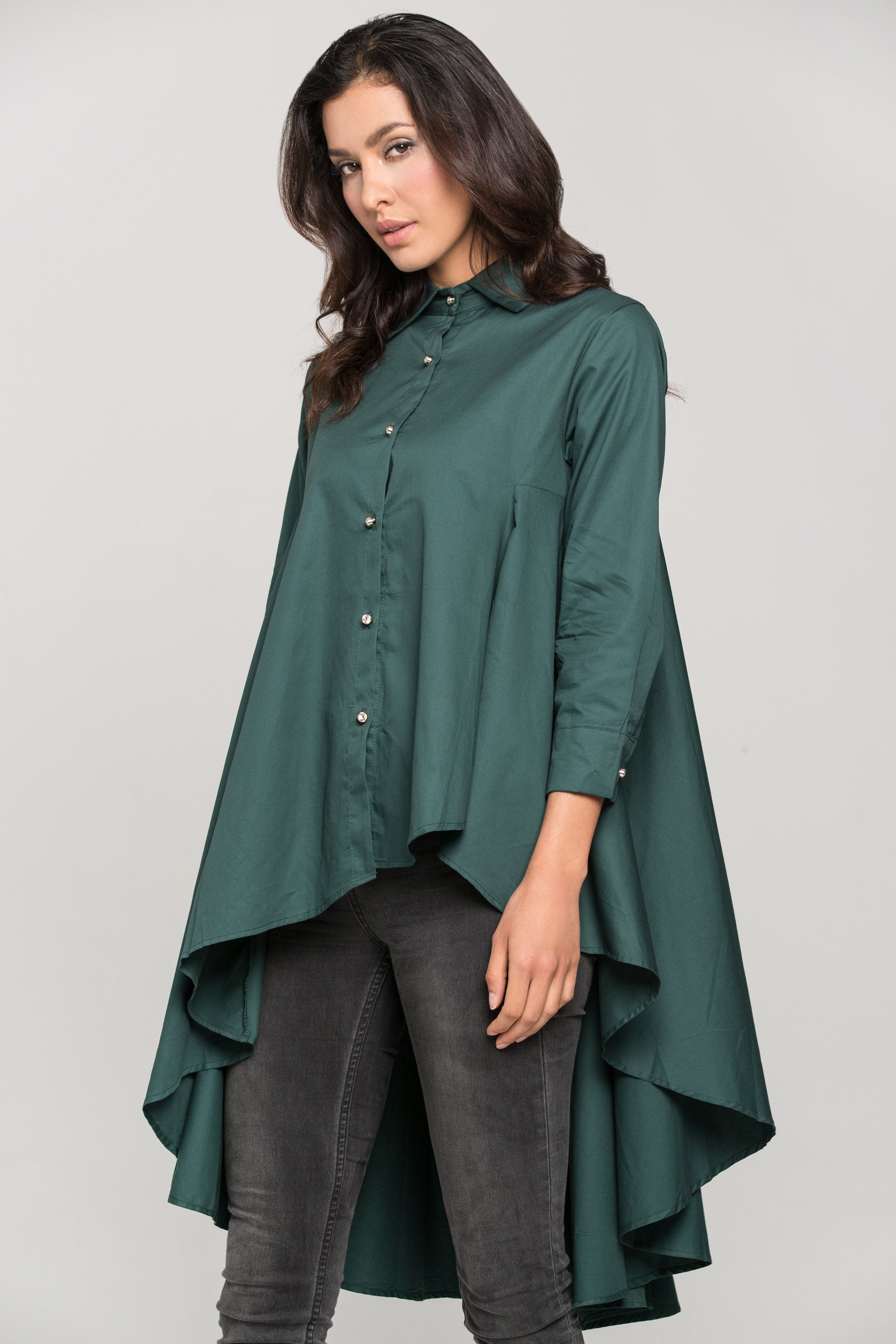 Green  High Low Tent Button Up Top