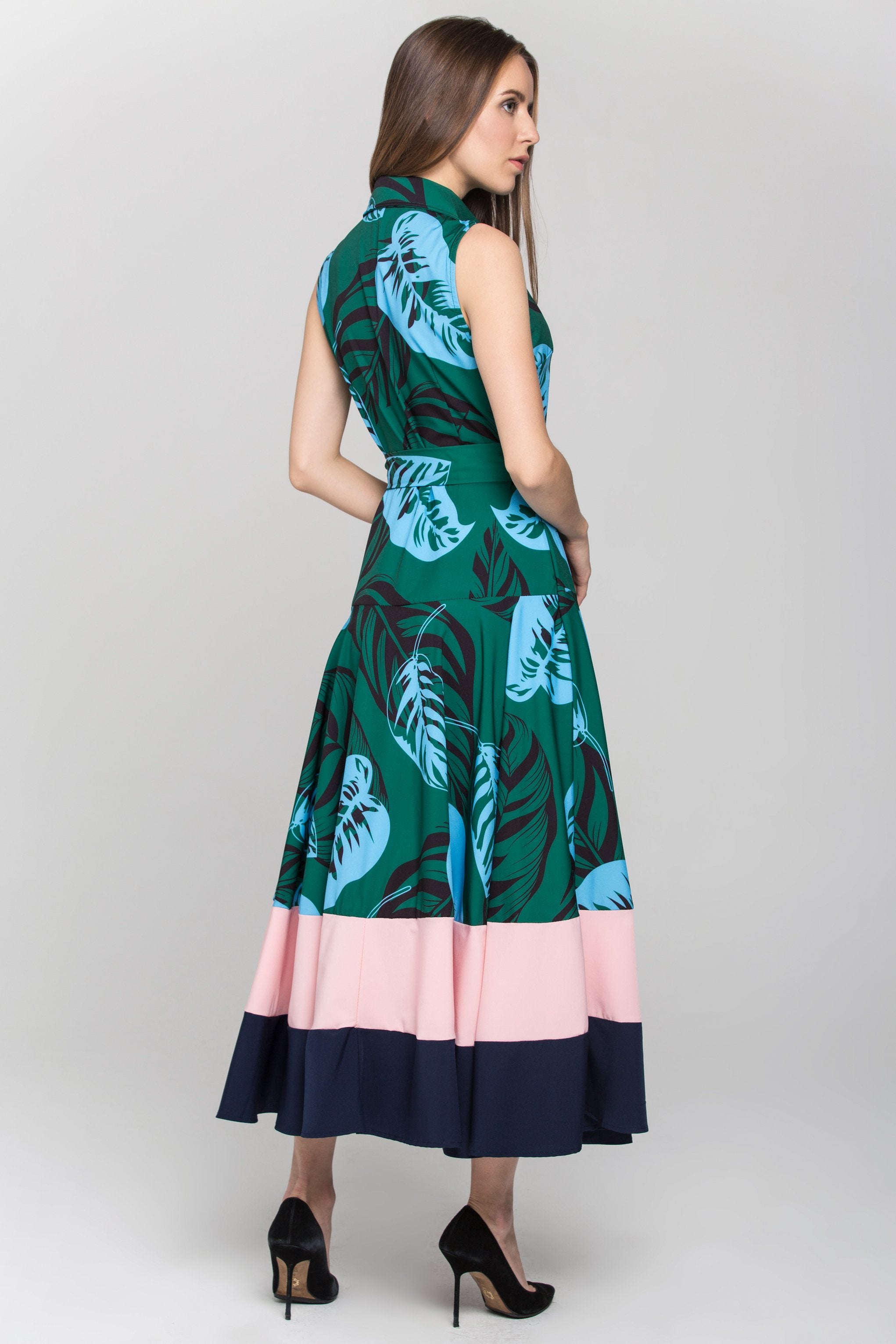 Green Leaf Print Color Block Panel Maxi Dress