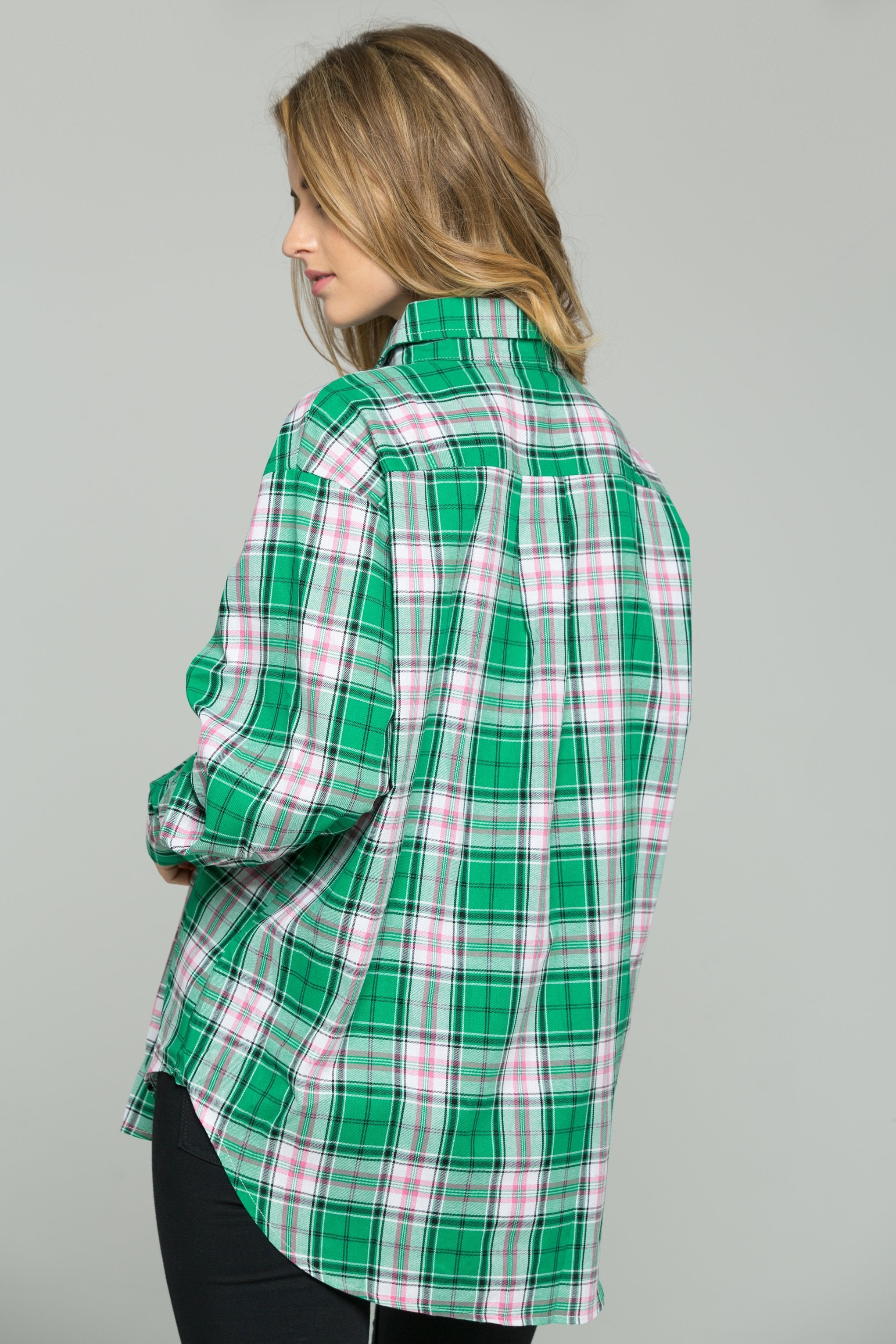 Green Plaid Front Pocket Button Up Top