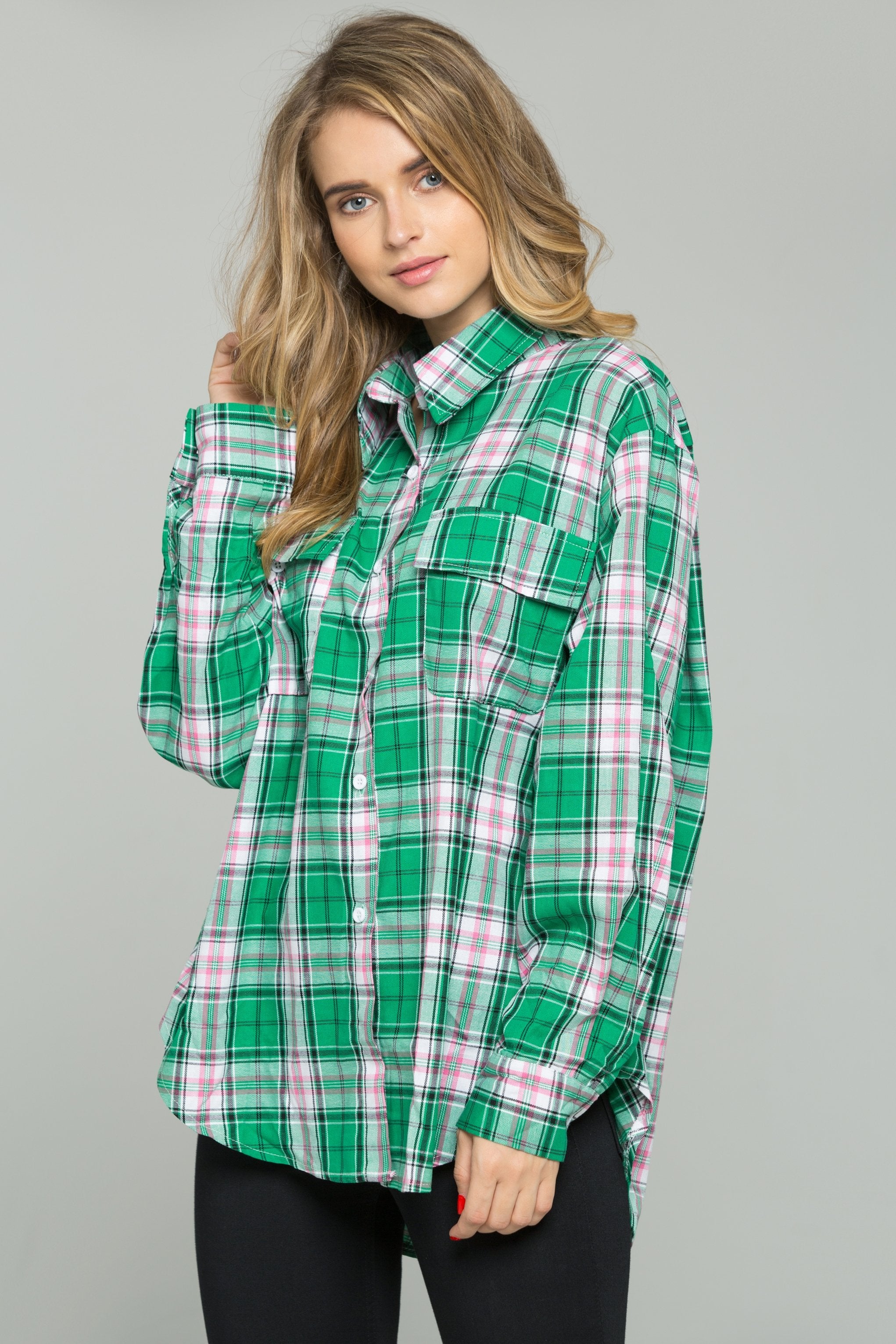 Green Plaid Front Pocket Button Up Top