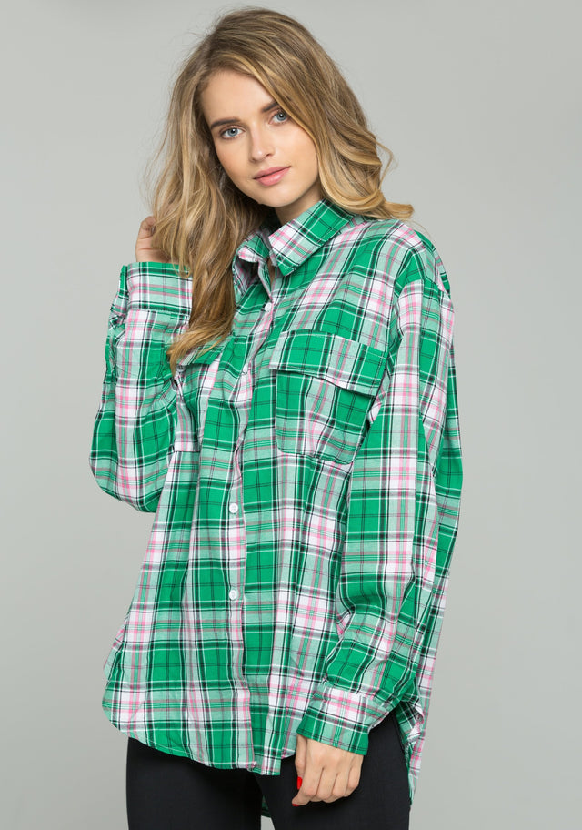 Green Plaid Front Pocket Button Up Top