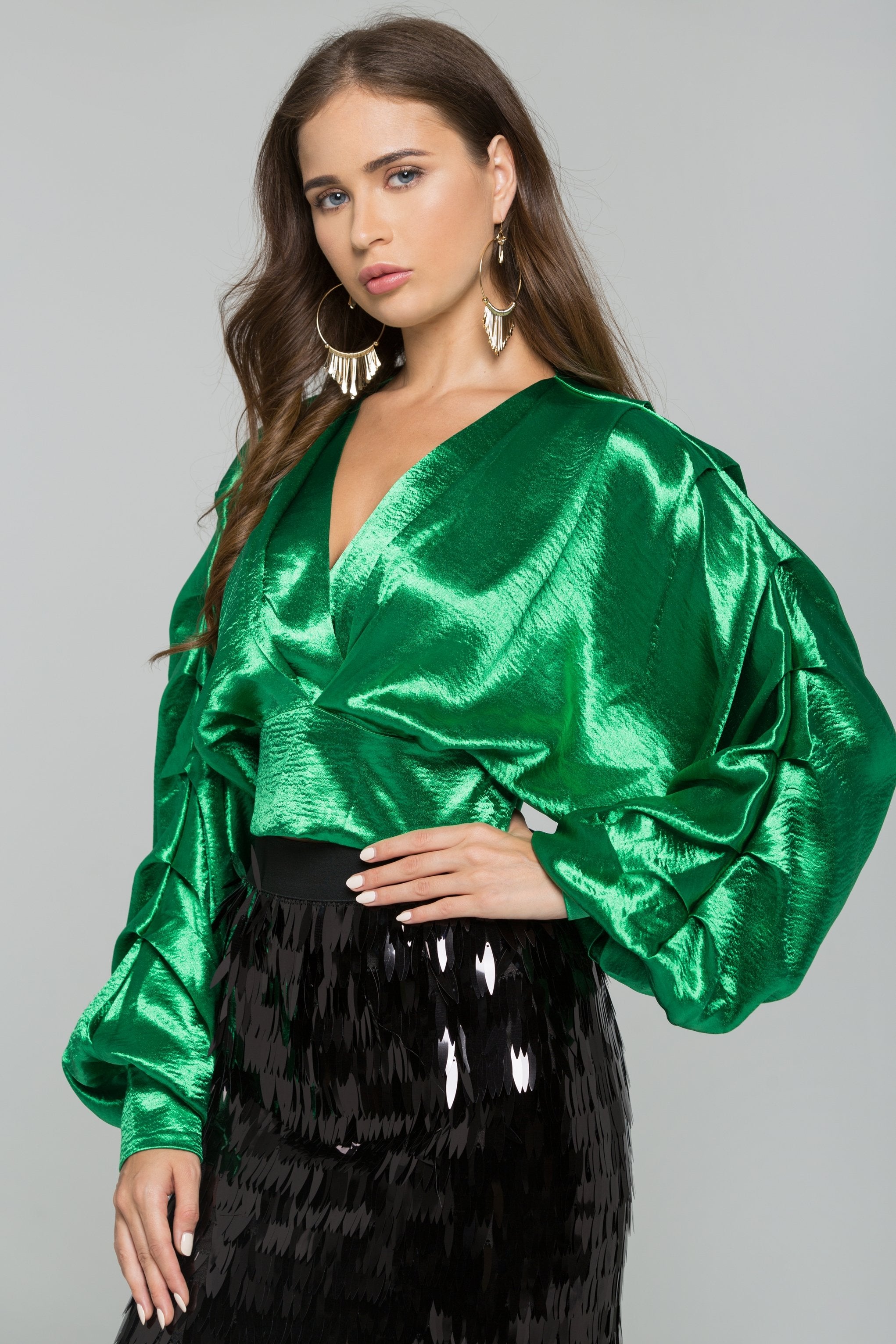 Green Satin Pleated Long Sleeves Top
