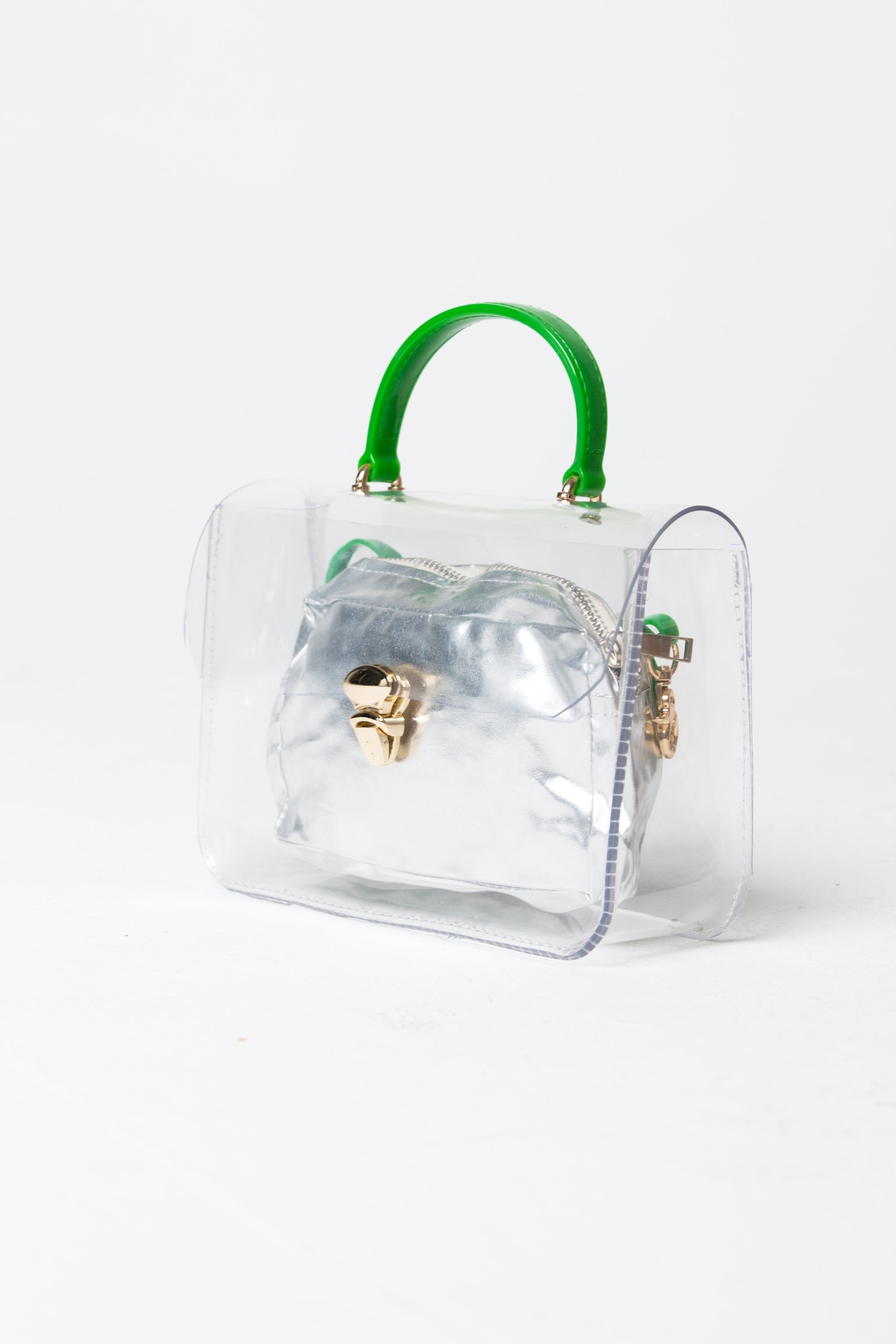 Green Transparent Slide Lock Closure Cross Body Shoulder Satchel Handbag