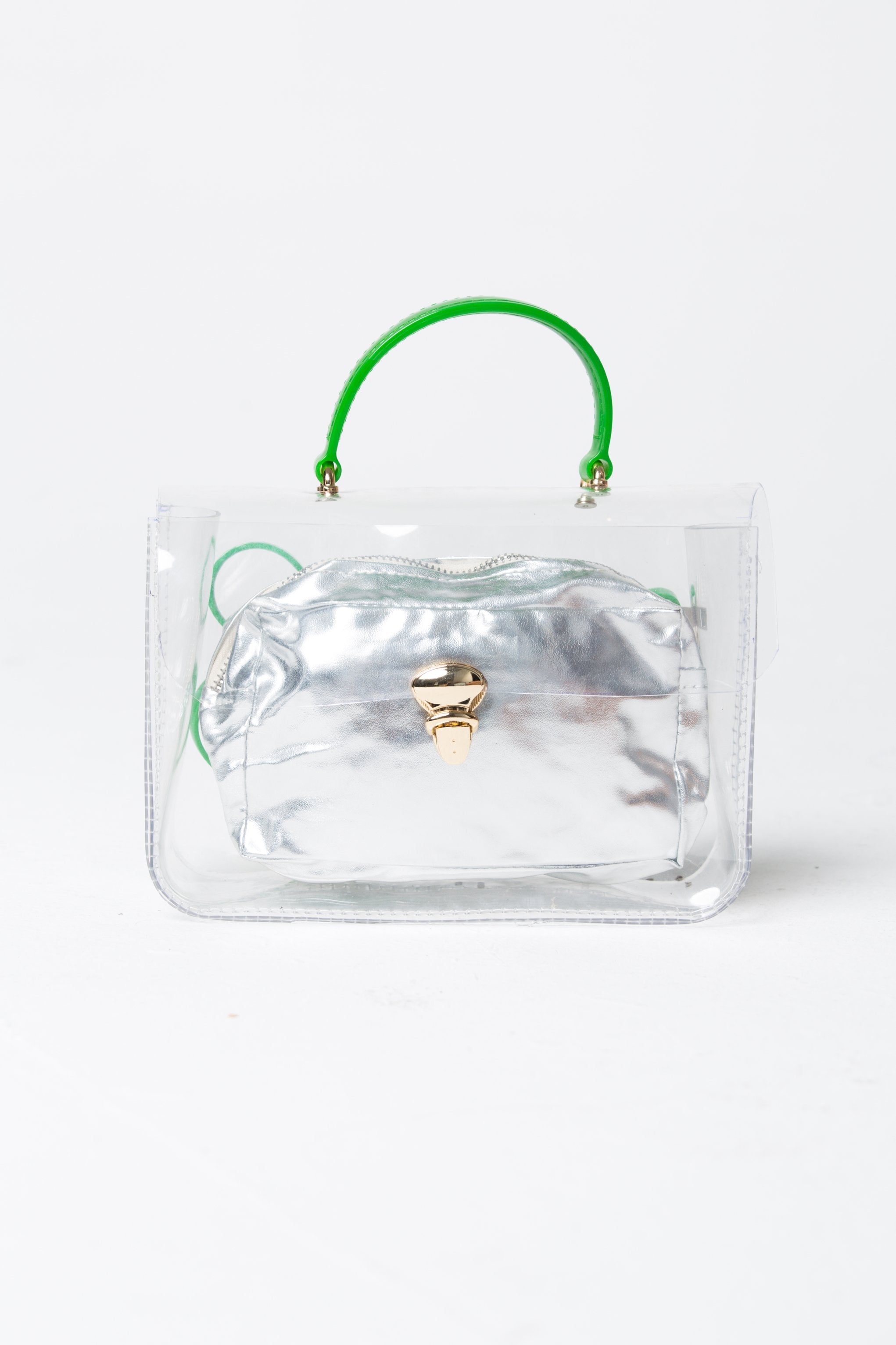 Green Transparent Slide Lock Closure Cross Body Shoulder Satchel Handbag