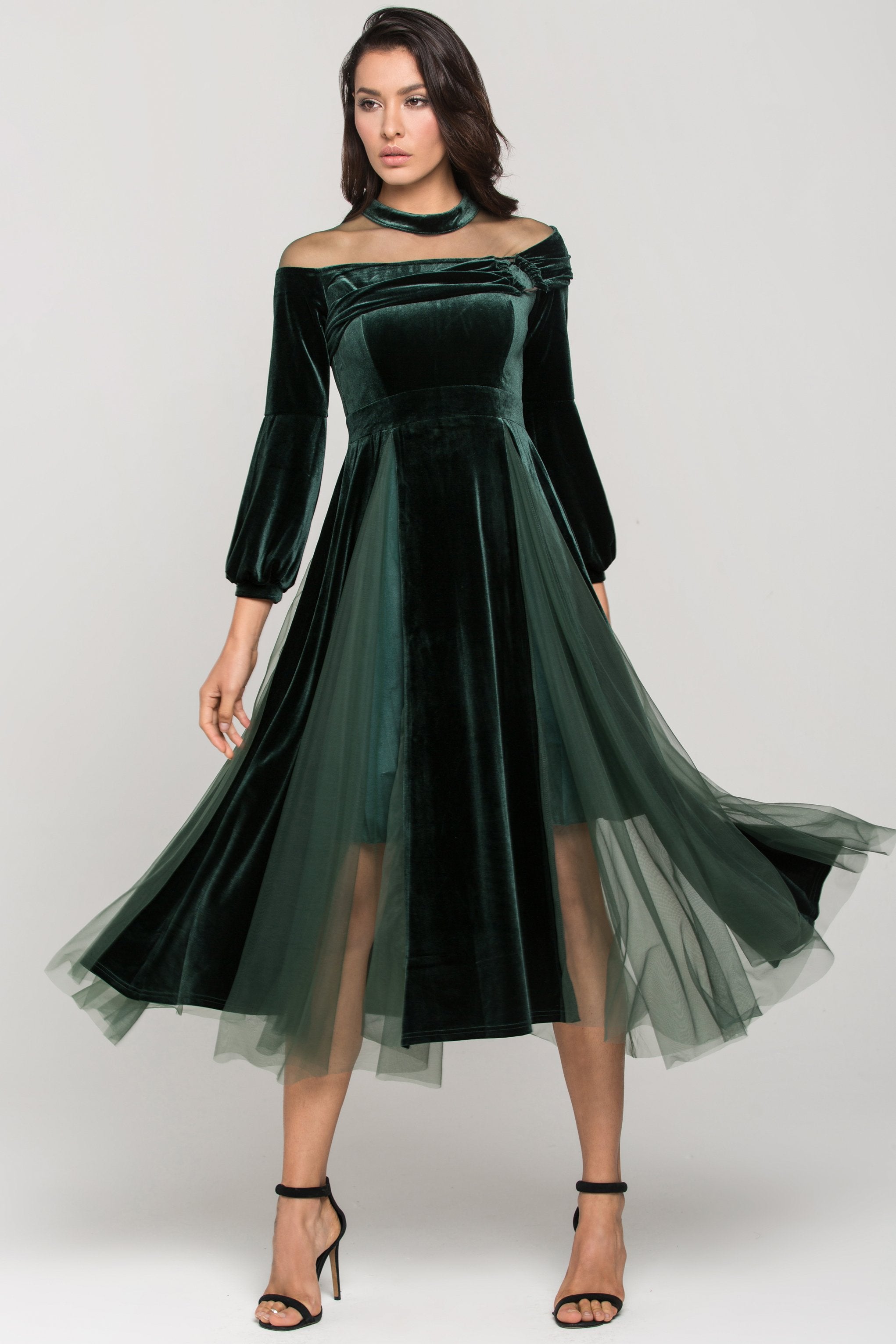 Green Velvet Puff Sleeves Sheer Yoke Ball Dress