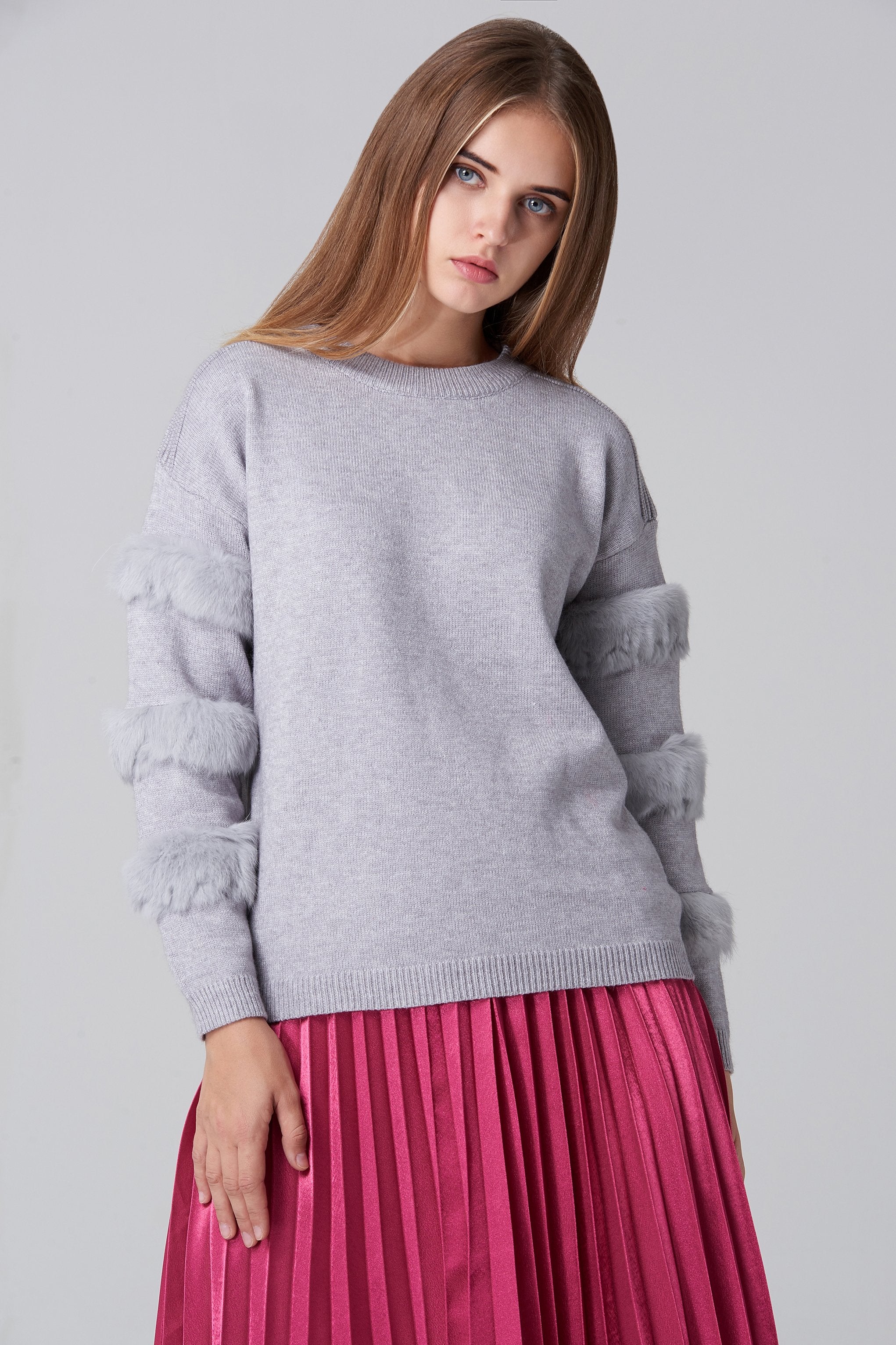Grey Fur Strip Sleeve Top