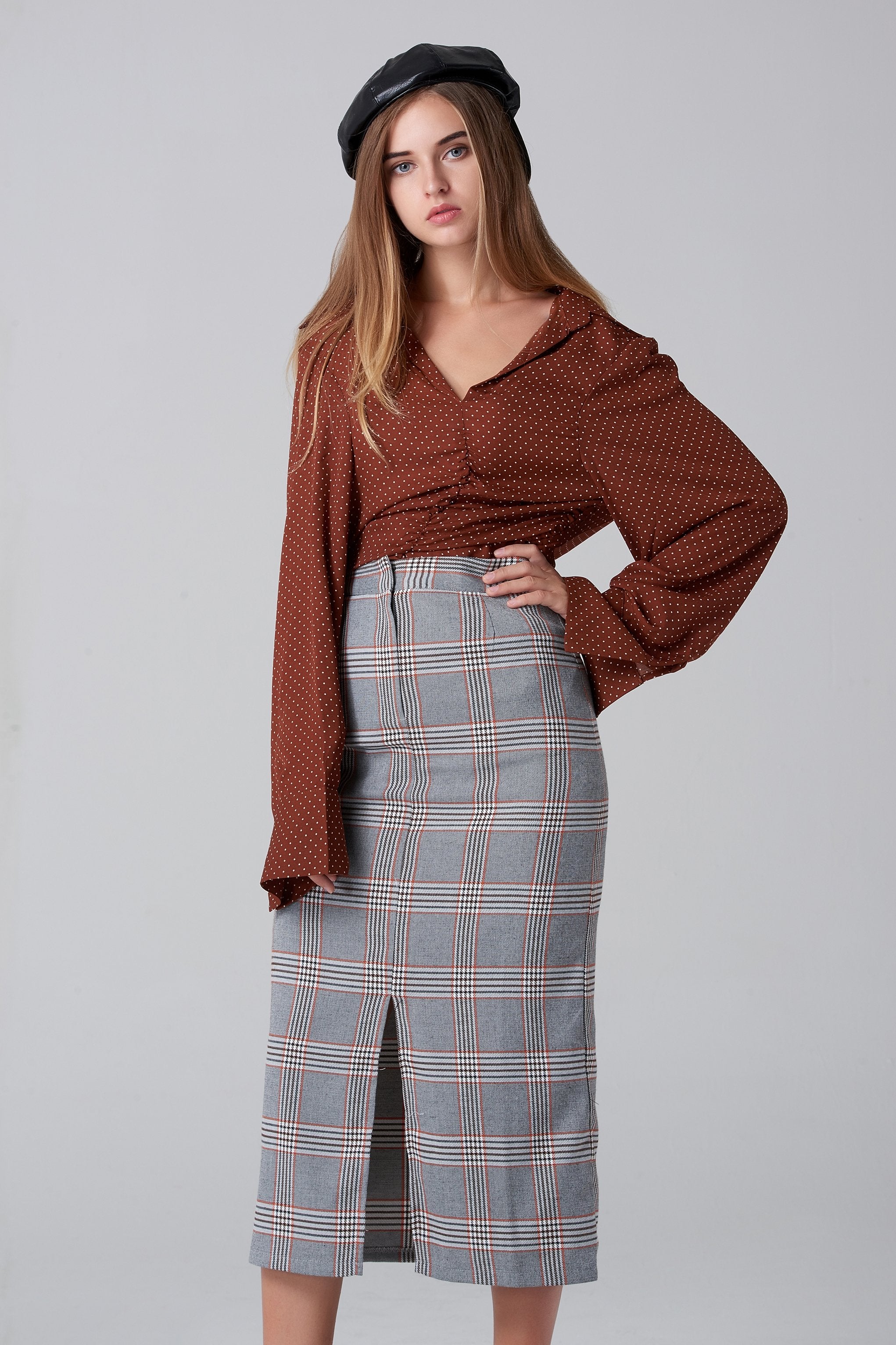 Grey Plaid Midi Skirt