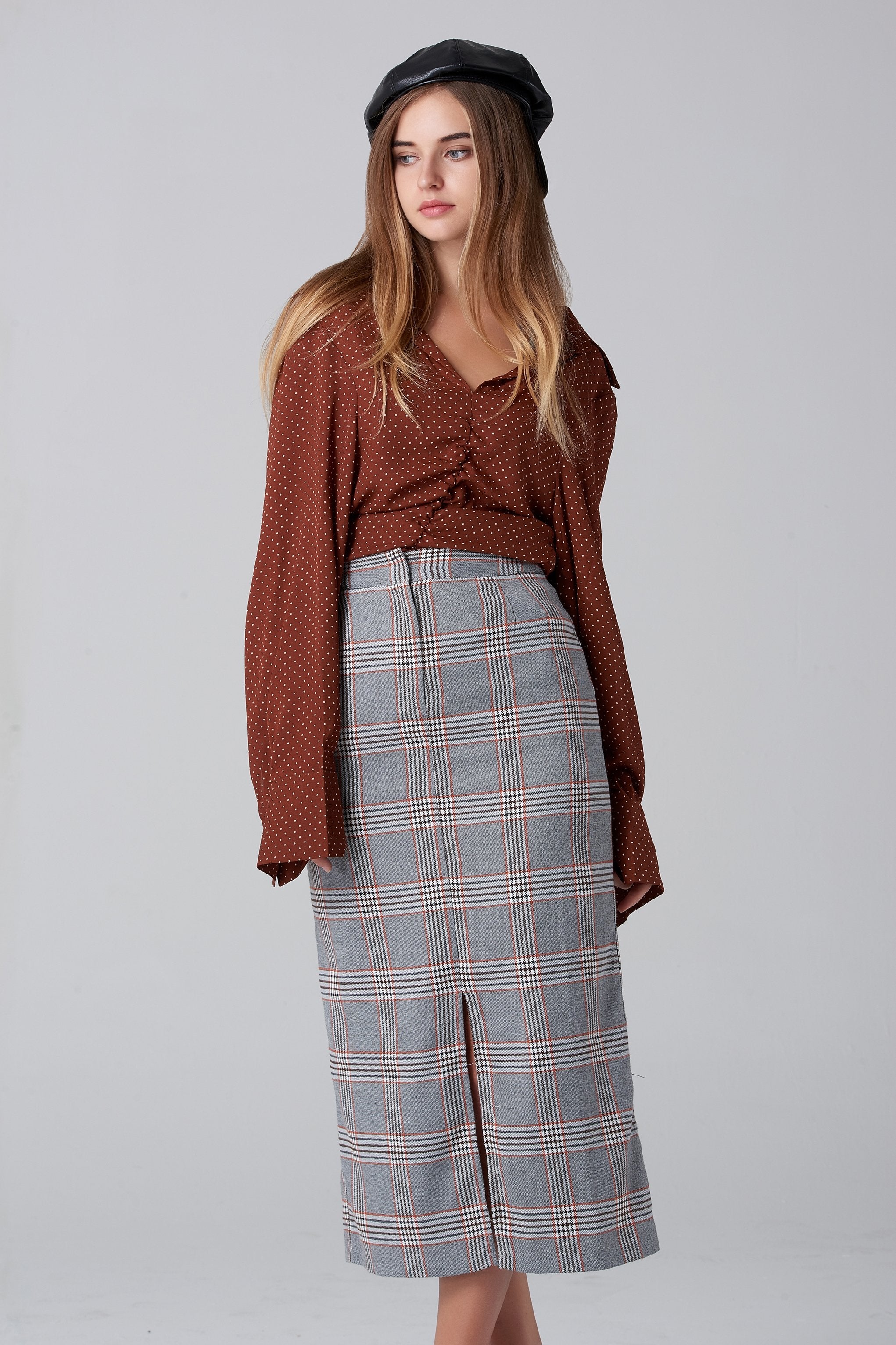 Grey Plaid Midi Skirt