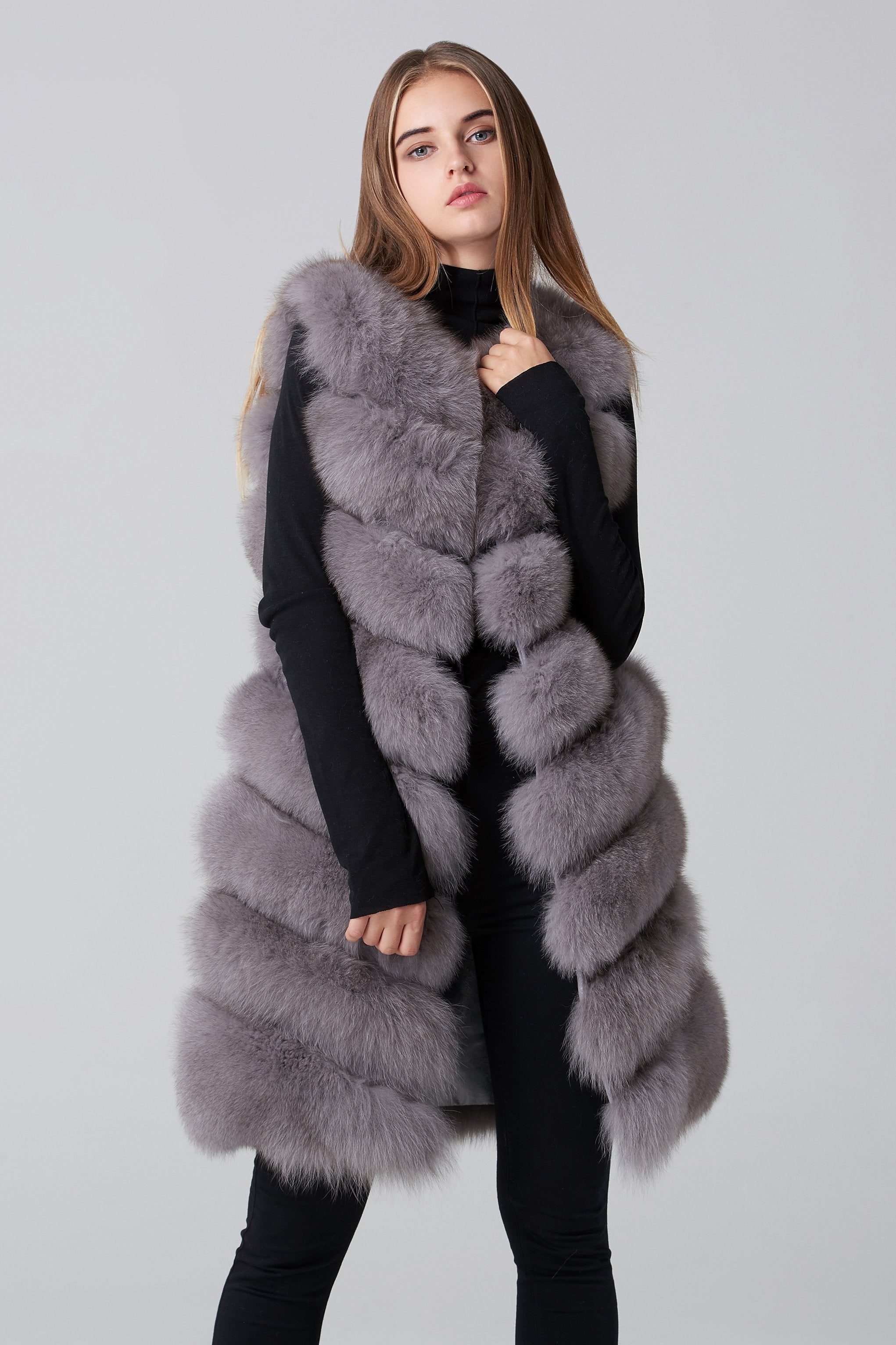Grey Square Knee Length Fox Fur Coat