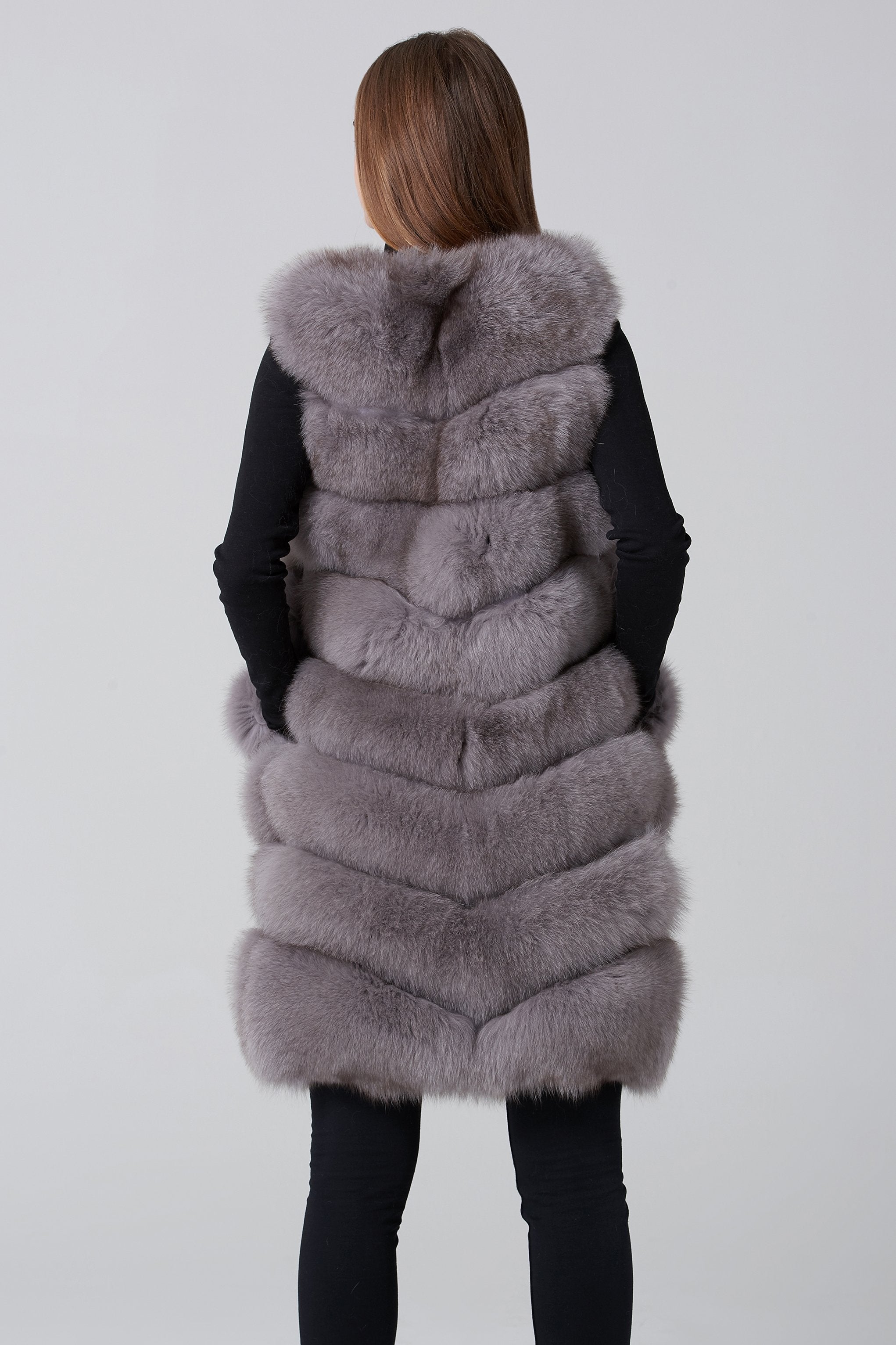 Grey Square Knee Length Fox Fur Coat