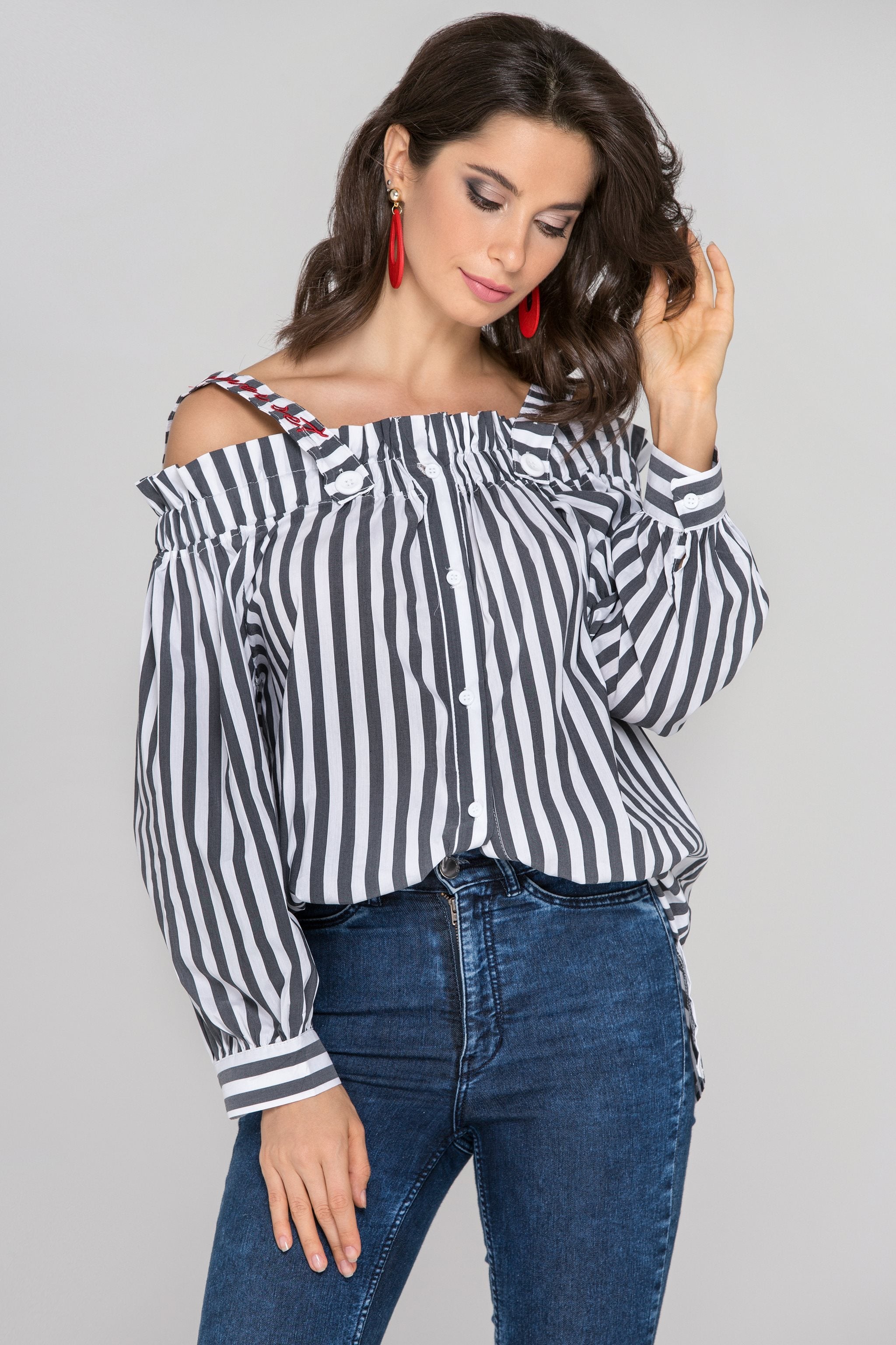 Gray and White Stripe Button-Up Cold Shoulder Top