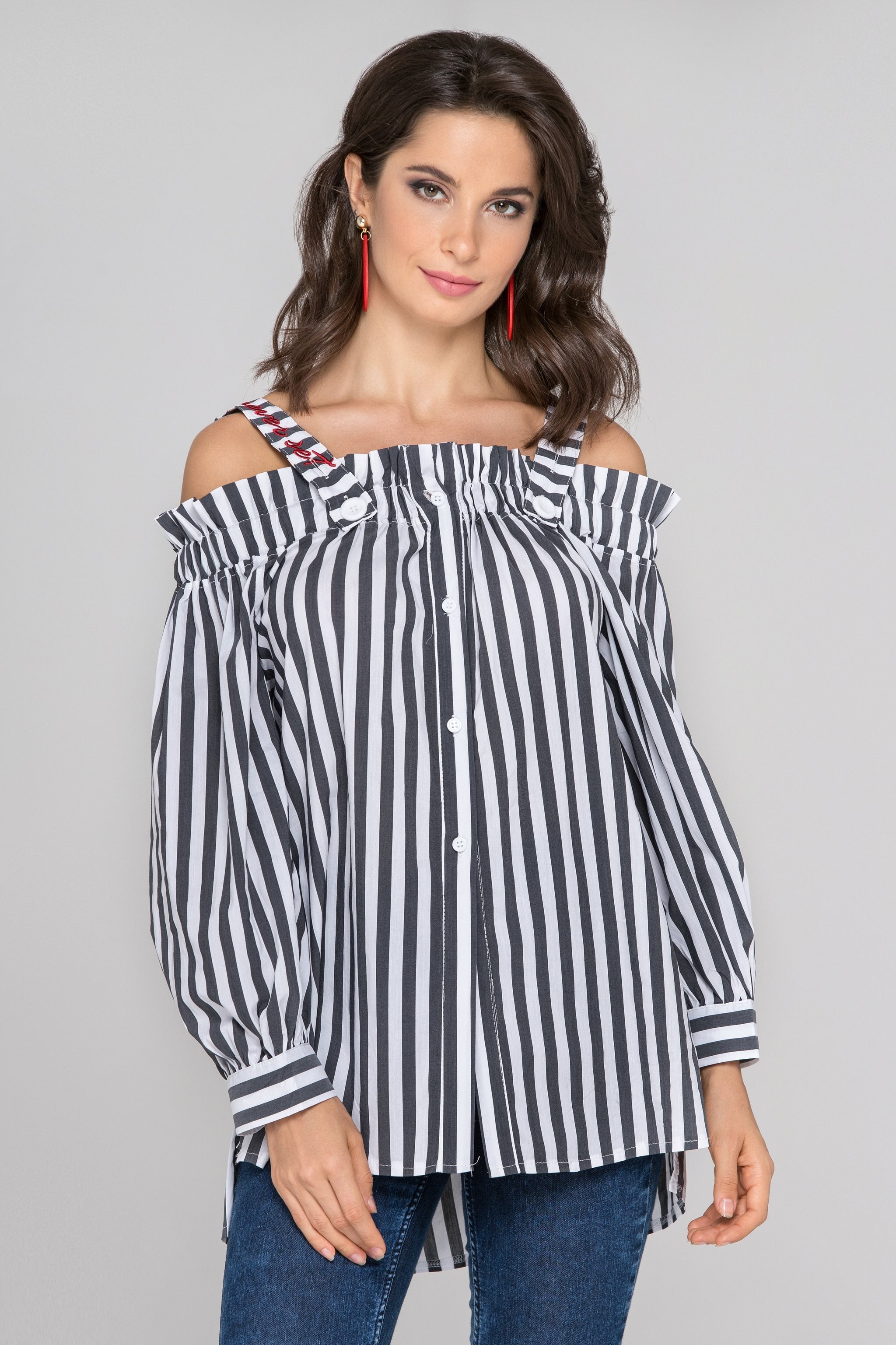 Gray and White Stripe Button-Up Cold Shoulder Top