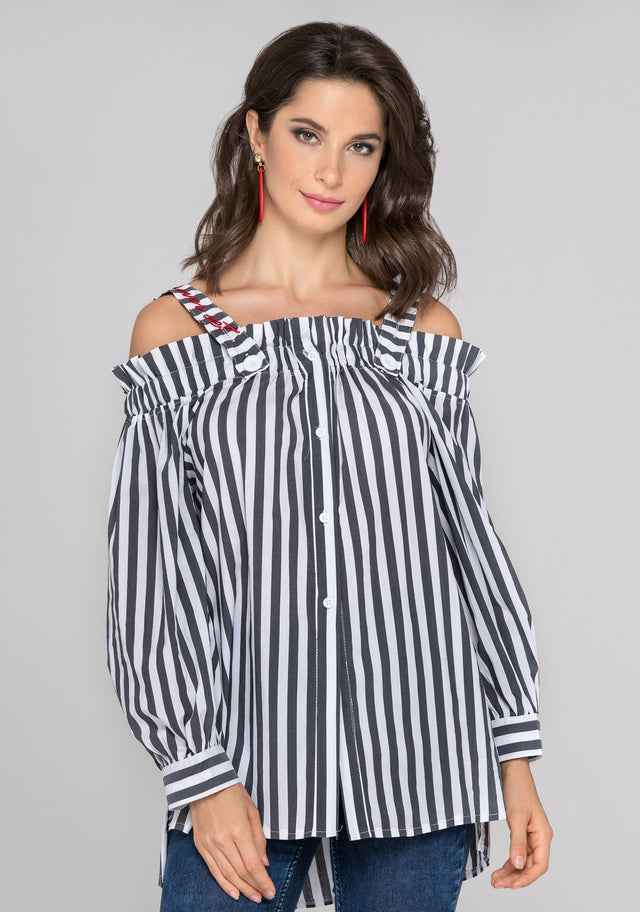 Gray and White Stripe Button-Up Cold Shoulder Top