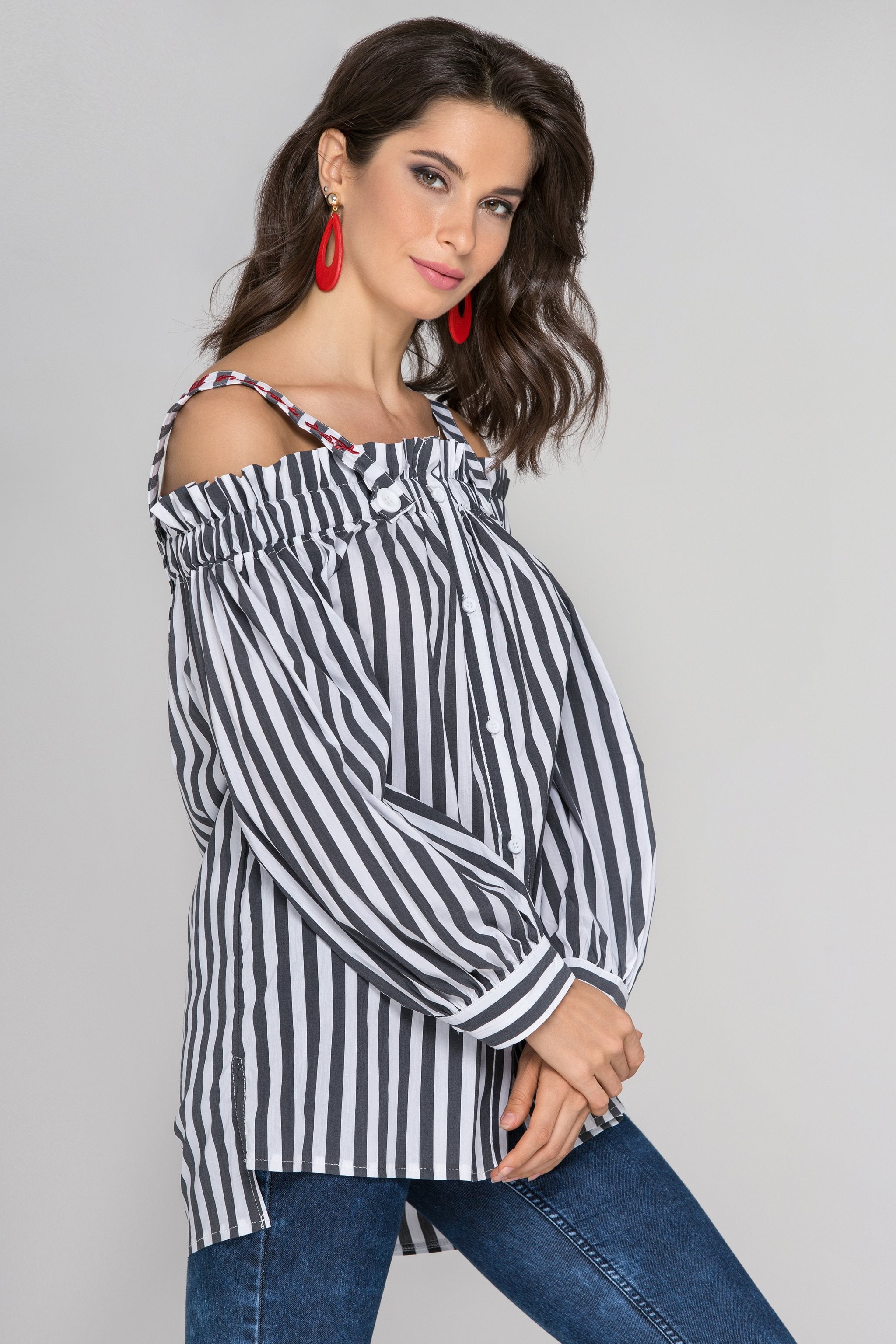 Gray and White Stripe Button-Up Cold Shoulder Top