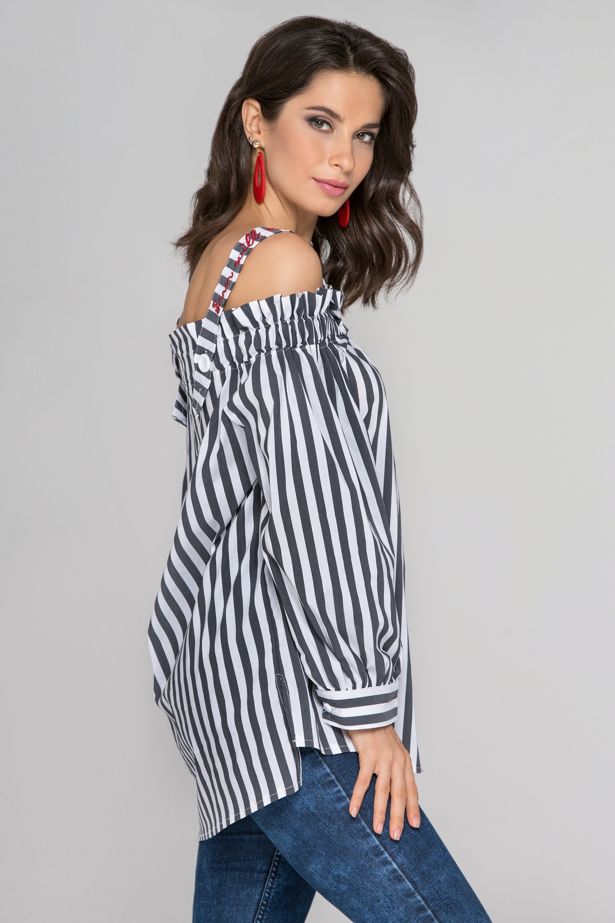Gray and White Stripe Button-Up Cold Shoulder Top