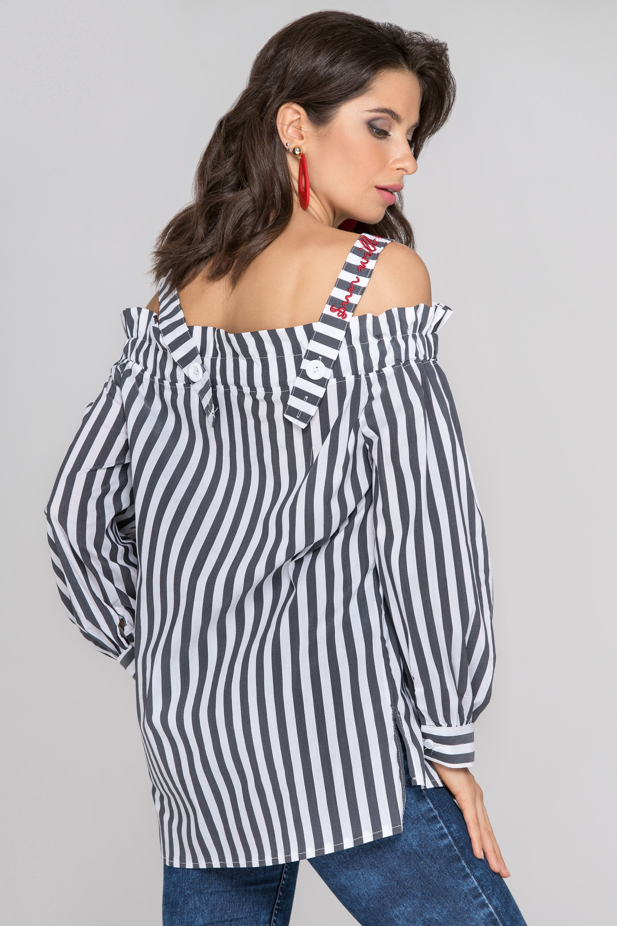 Gray and White Stripe Button-Up Cold Shoulder Top