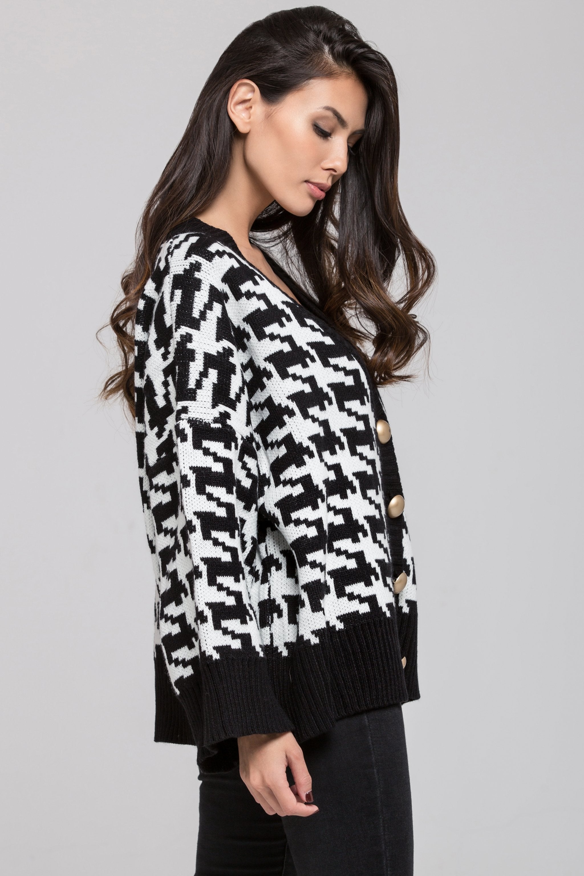 Houndstooth Oversized Dome Button Detail Cardigan
