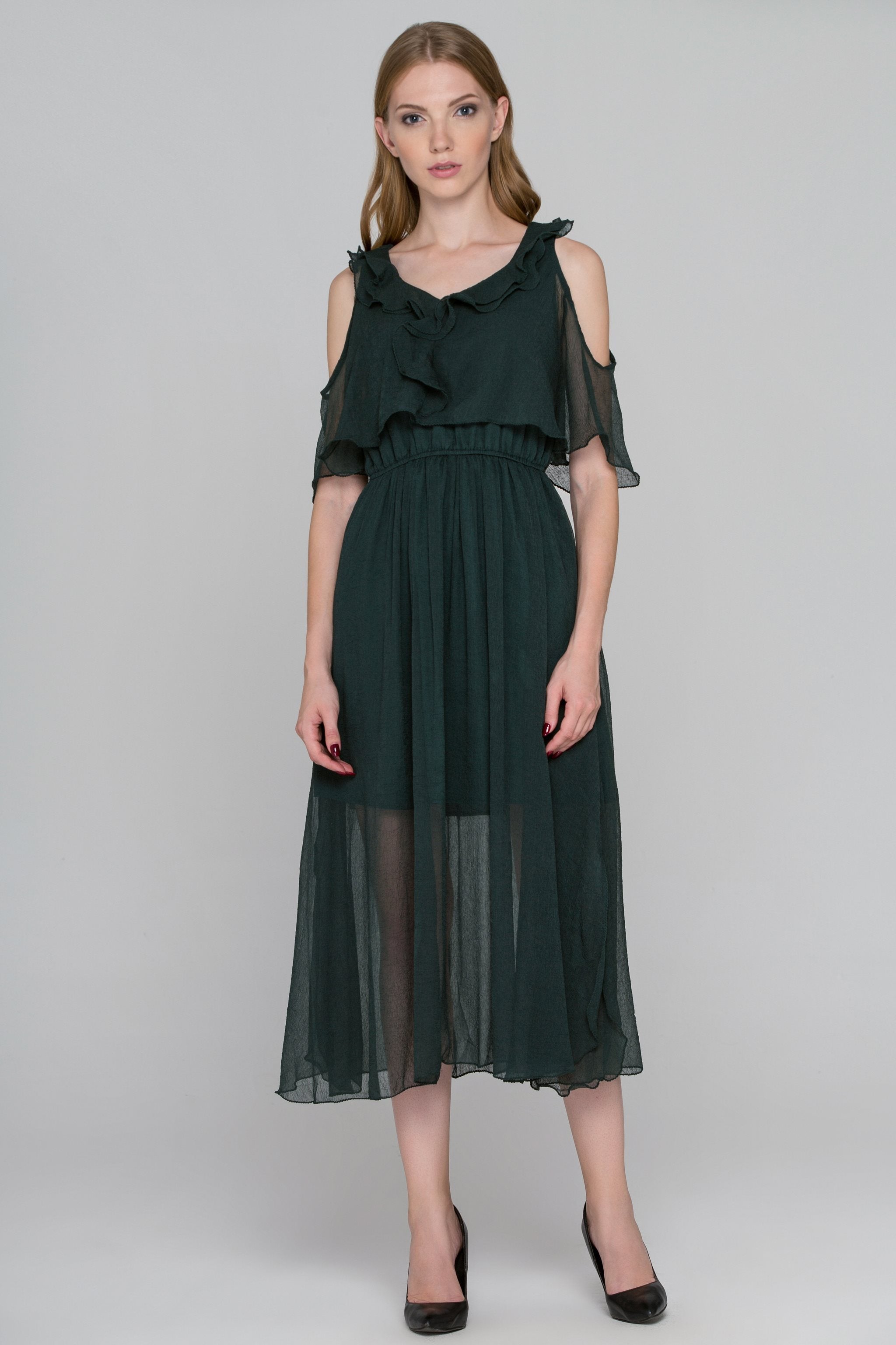Hunter Green Crepe Chiffon Cold Shoulder Midi Dress