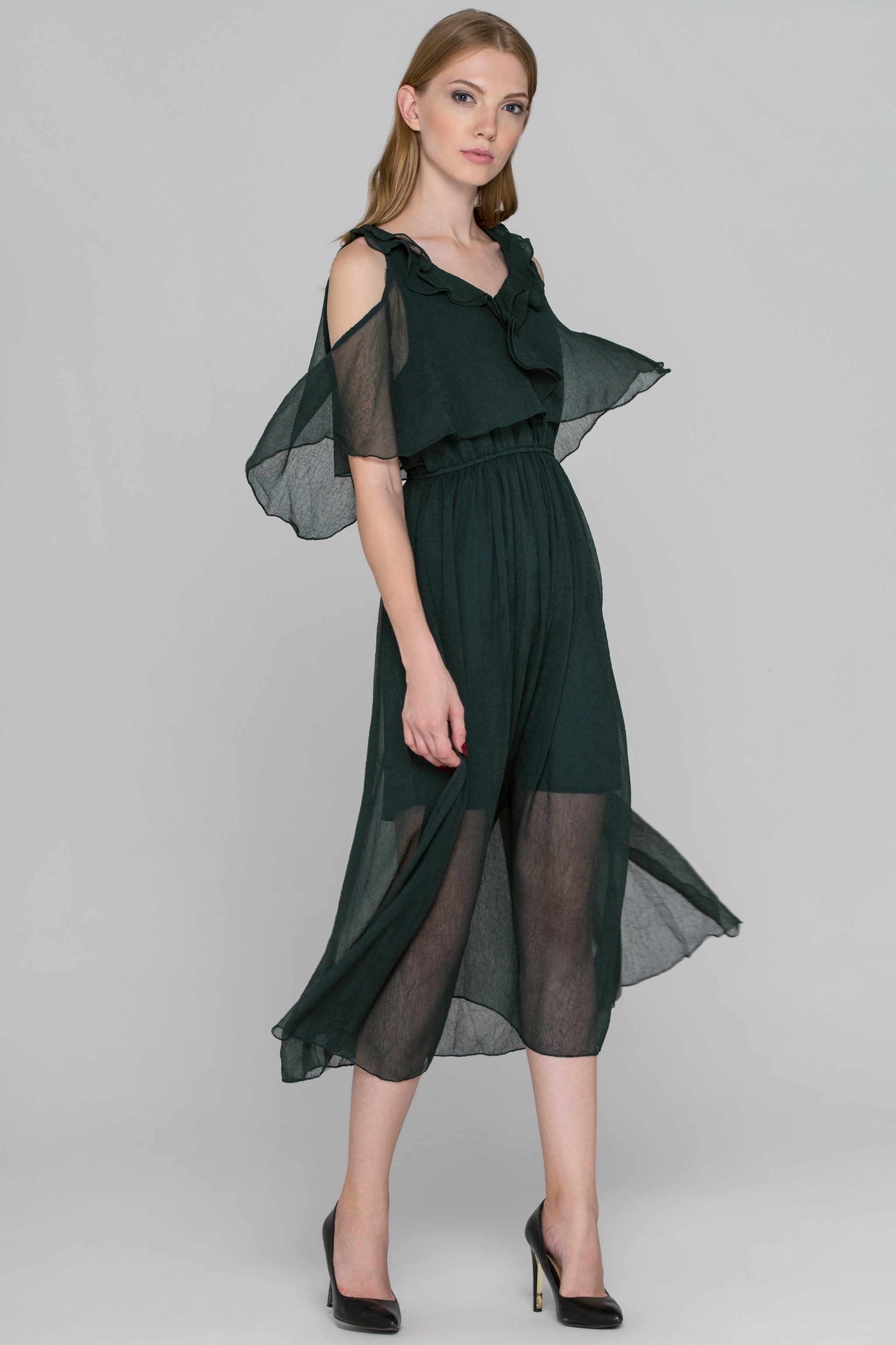 Hunter Green Crepe Chiffon Cold Shoulder Midi Dress