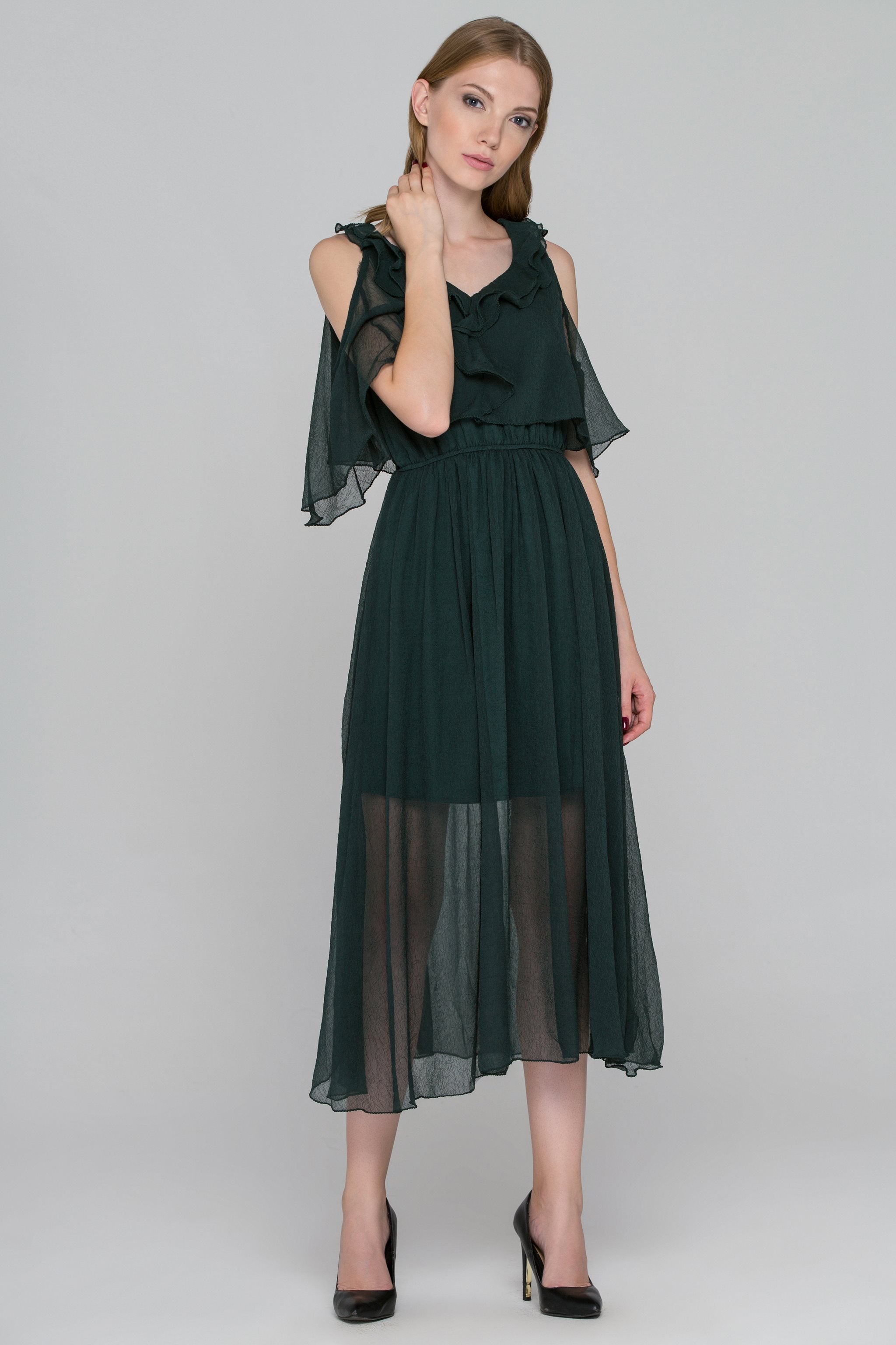 Hunter Green Crepe Chiffon Cold Shoulder Midi Dress