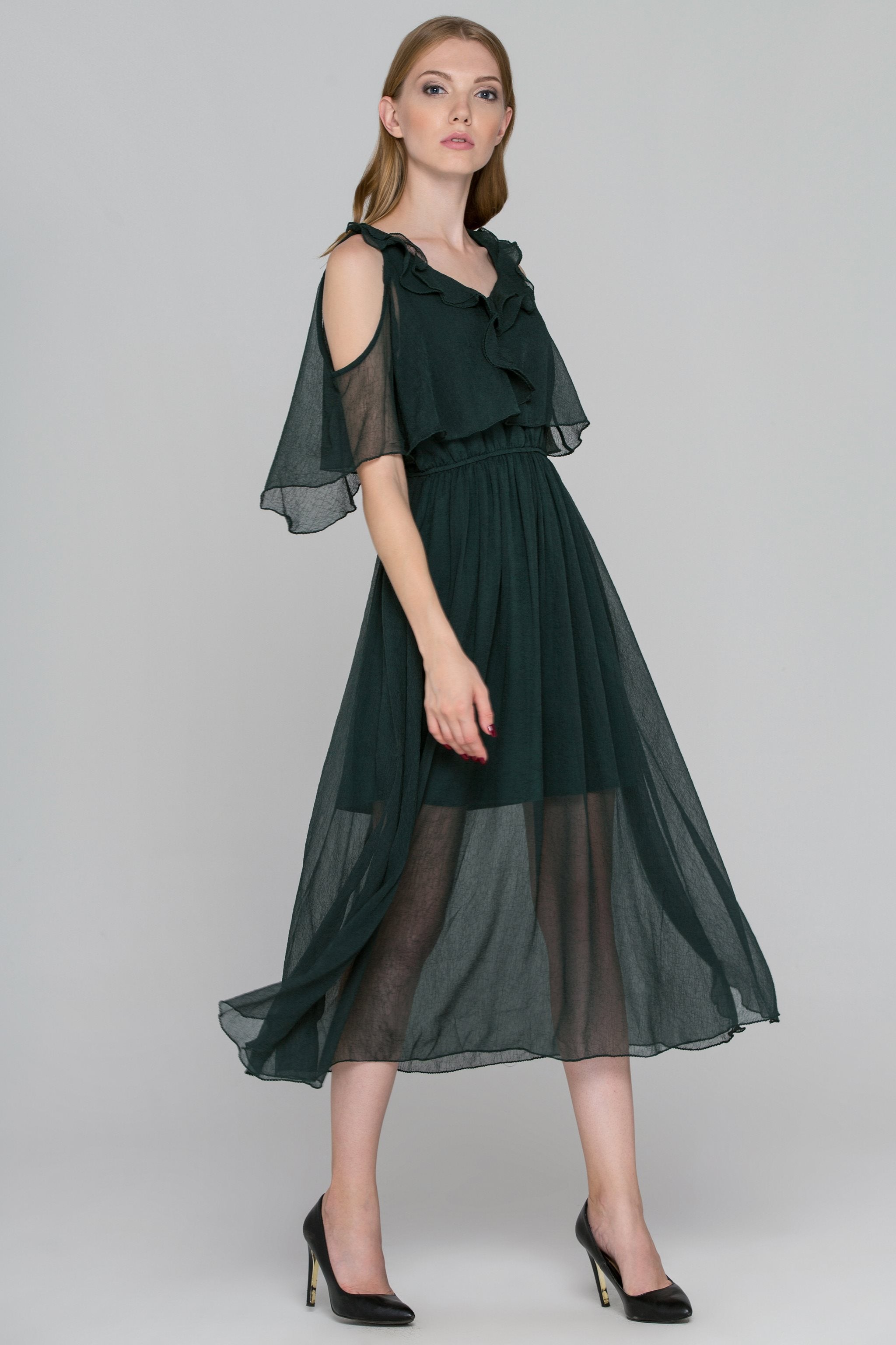 Hunter Green Crepe Chiffon Cold Shoulder Midi Dress