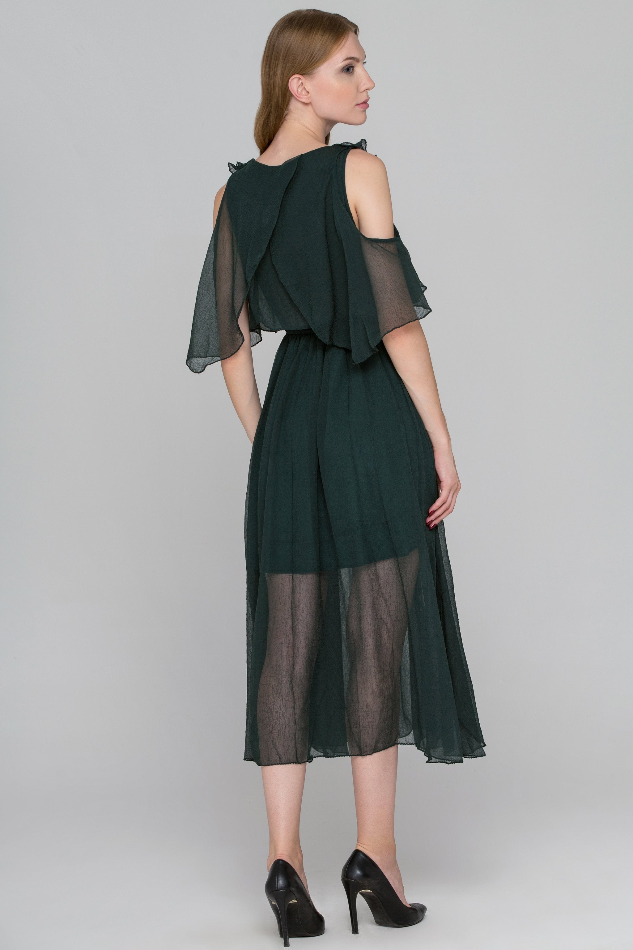 Hunter Green Crepe Chiffon Cold Shoulder Midi Dress